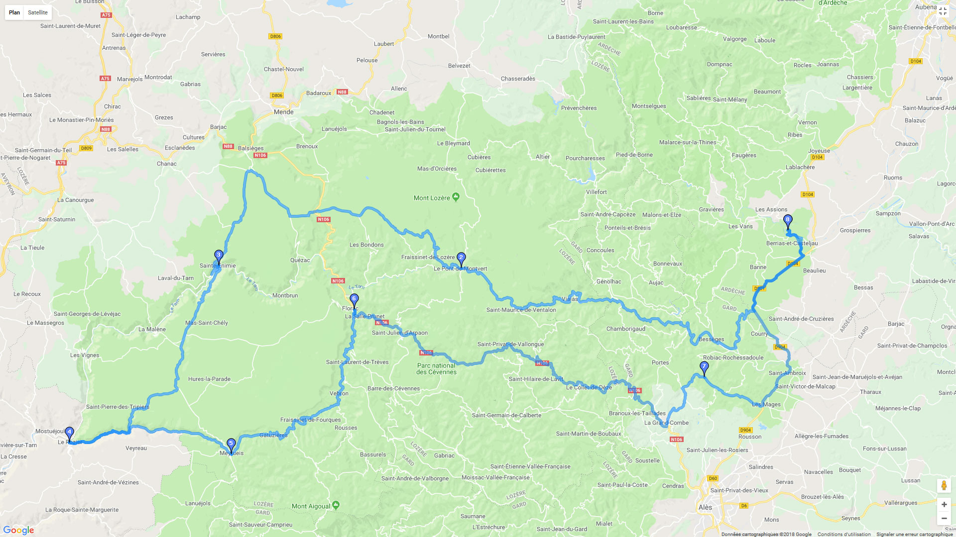 Pour zoomer sur la carte et avoir plus de détails, connectez-vous ! Carte roadbook Boucle des Cévennes par les Gorges du Tarn