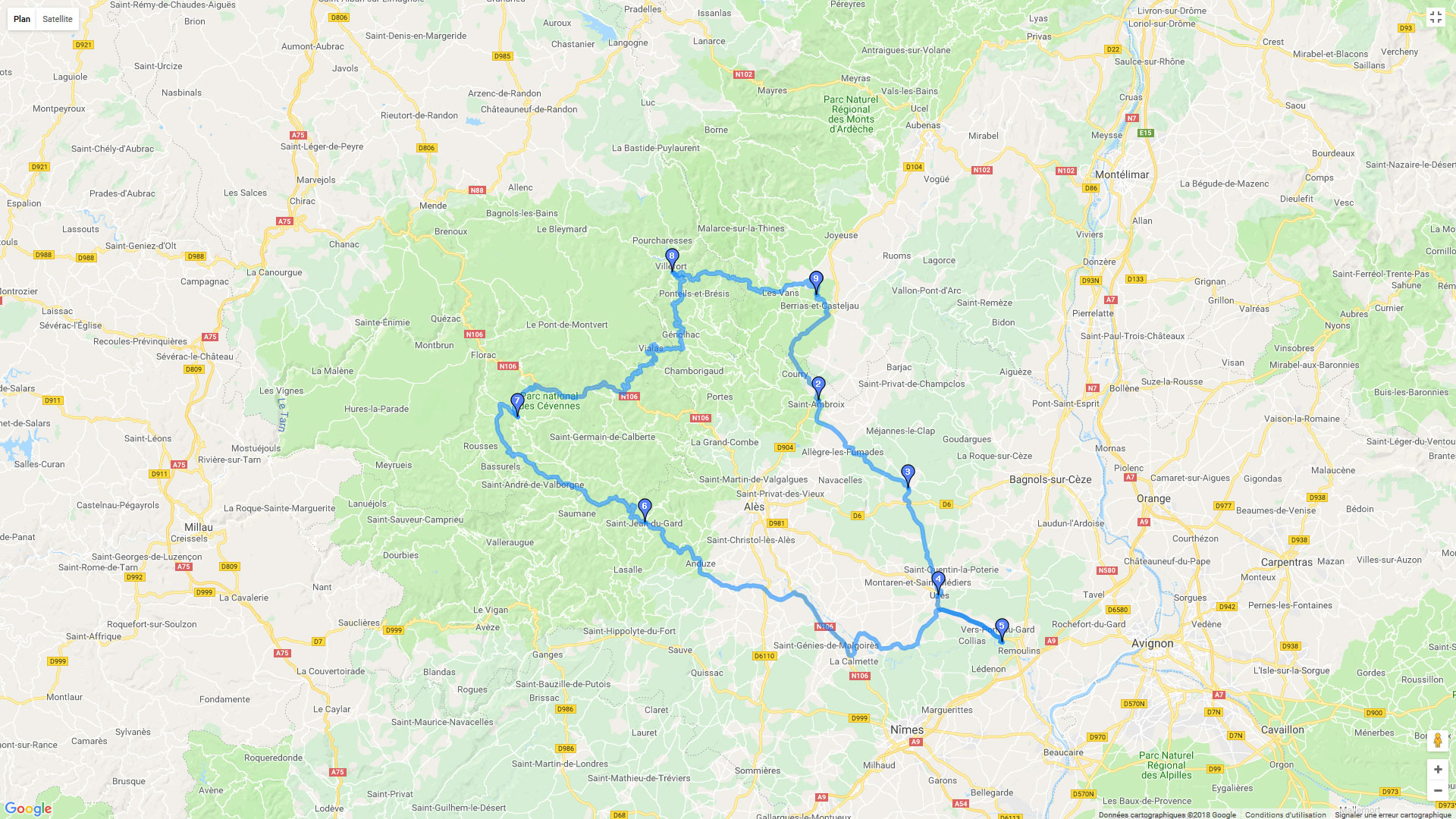 Pour zoomer sur la carte et avoir plus de détails, connectez-vous ! Carte roadbook Les Corniches des Cévennes et le pont du Gard