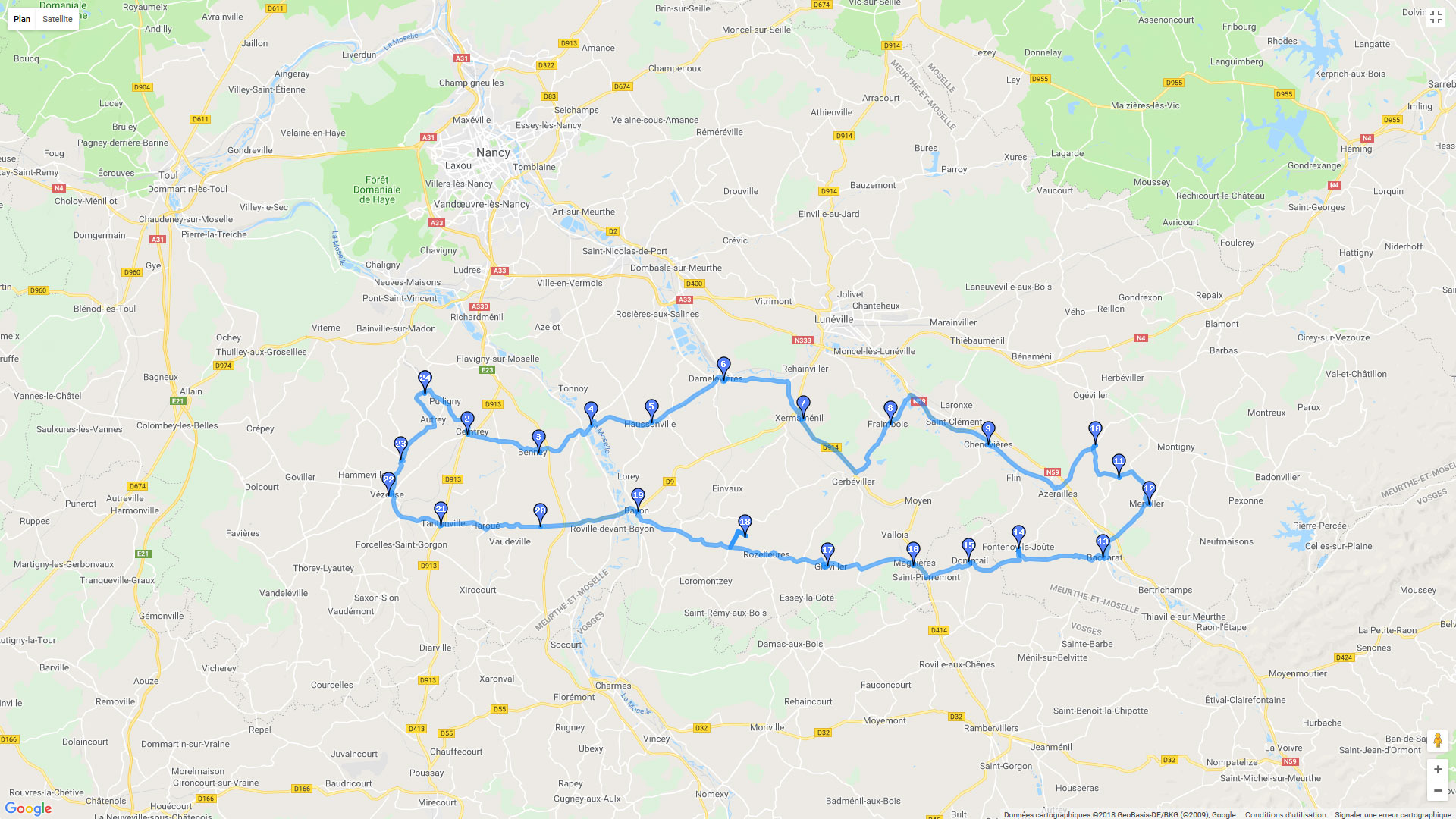 Pour zoomer sur la carte et avoir plus de détails, connectez-vous ! Carte roadbook De Pierreville à Baccarat