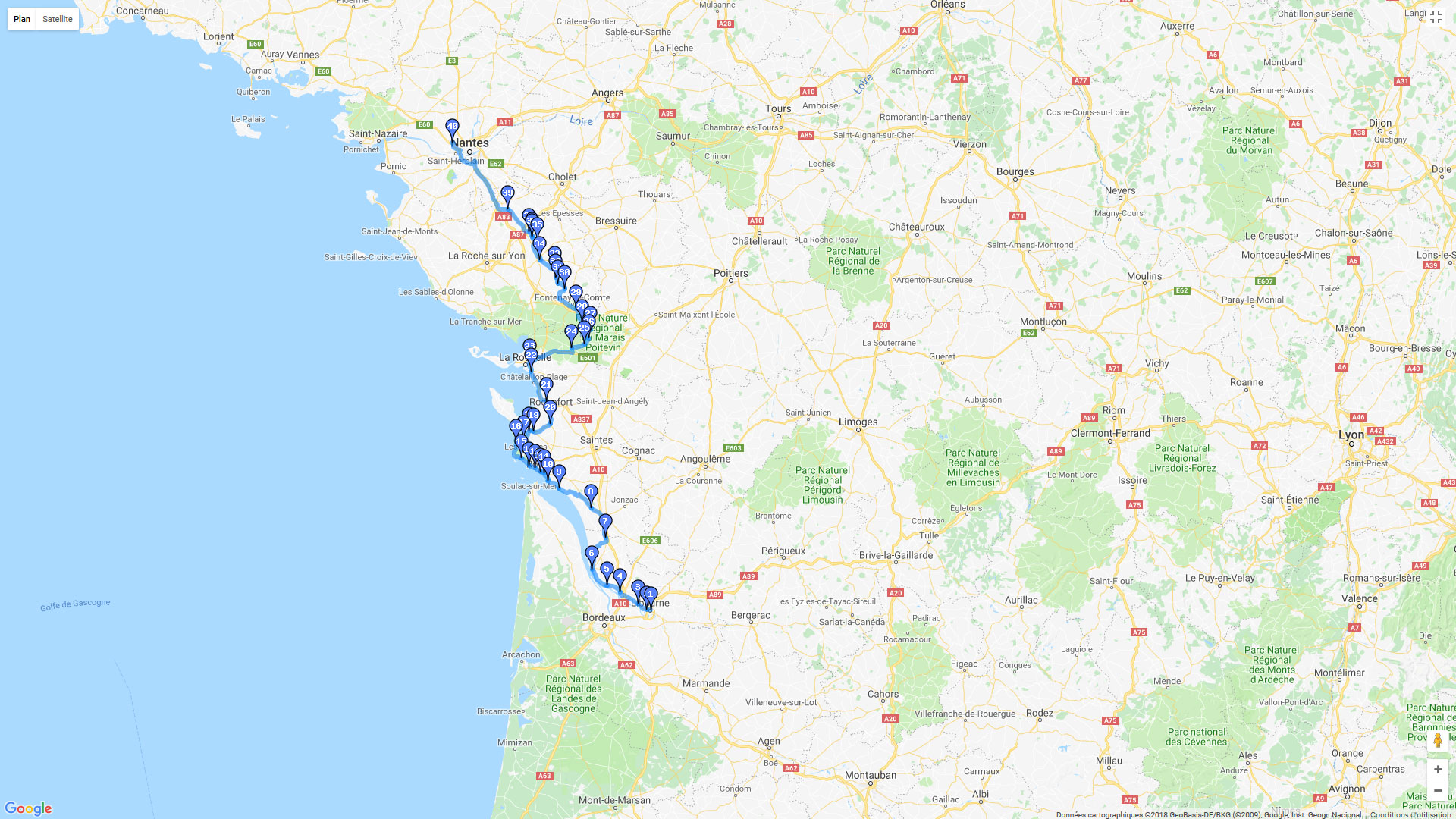Pour zoomer sur la carte et avoir plus de détails, connectez-vous ! Carte roadbook Libourne / Nantes