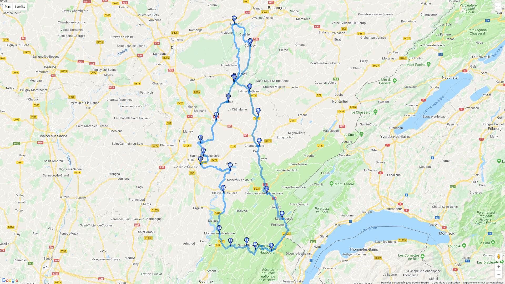 Pour zoomer sur la carte et avoir plus de détails, connectez-vous ! Carte roadbook Col de la Vausille et lac de Chalain