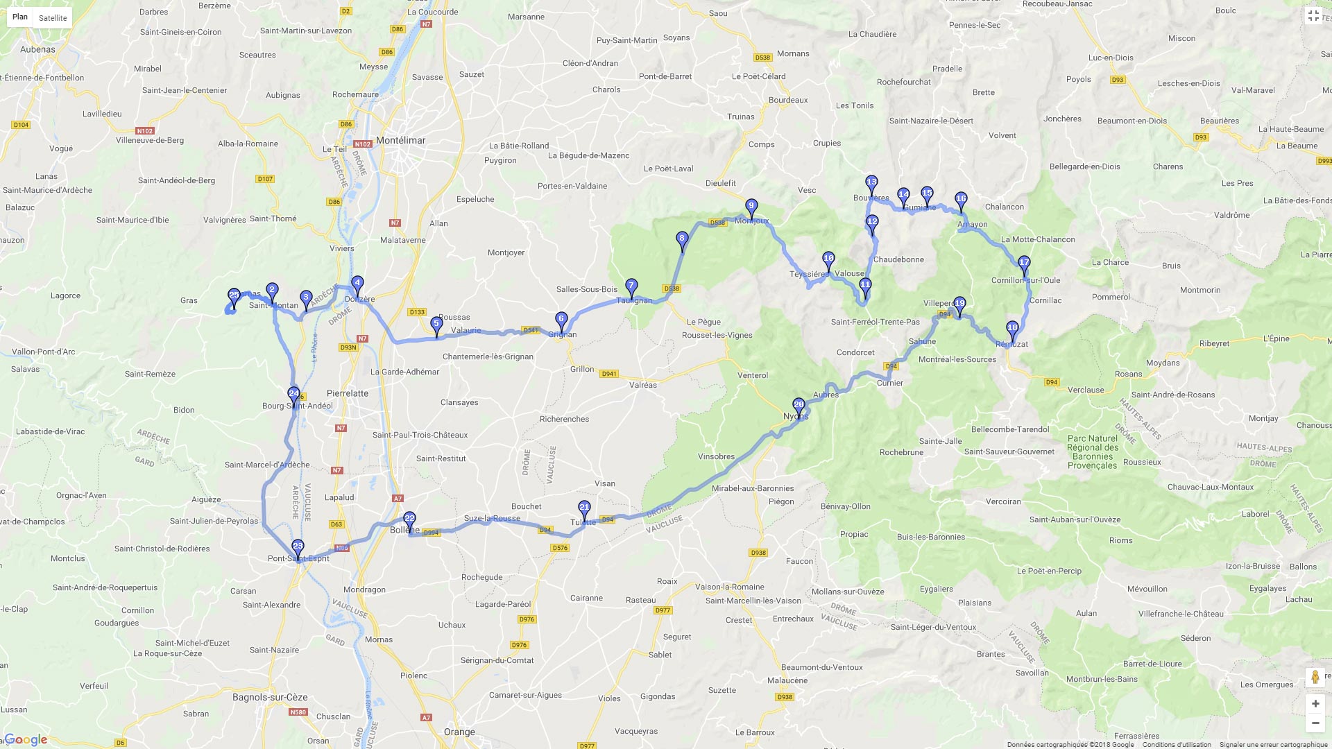 Pour zoomer sur la carte et avoir plus de détails, connectez-vous ! Carte roadbook Les cols et les gorges de la Drôme Provençale
