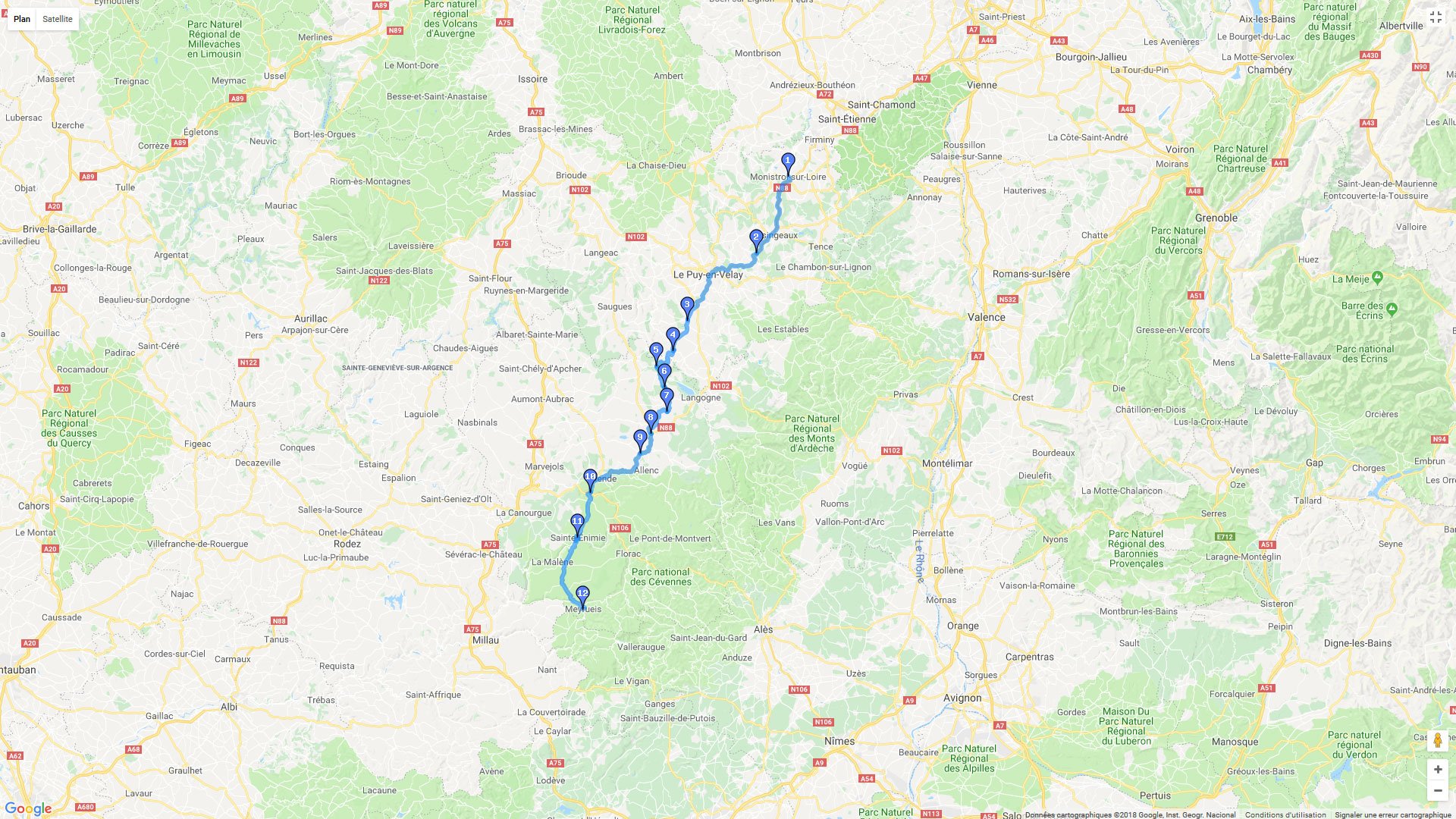 Pour zoomer sur la carte et avoir plus de détails, connectez-vous ! Carte roadbook De la Haute Loire à la Lozère