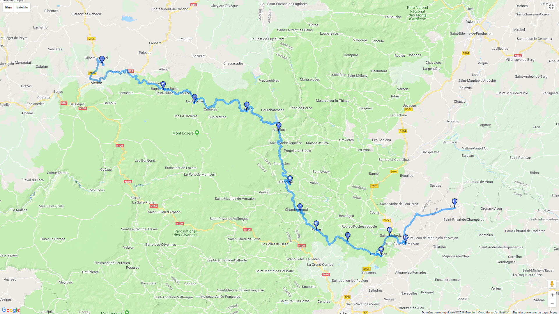 Pour zoomer sur la carte et avoir plus de détails, connectez-vous ! Carte roadbook Entre Cévennes et Ardèche - Jour 1