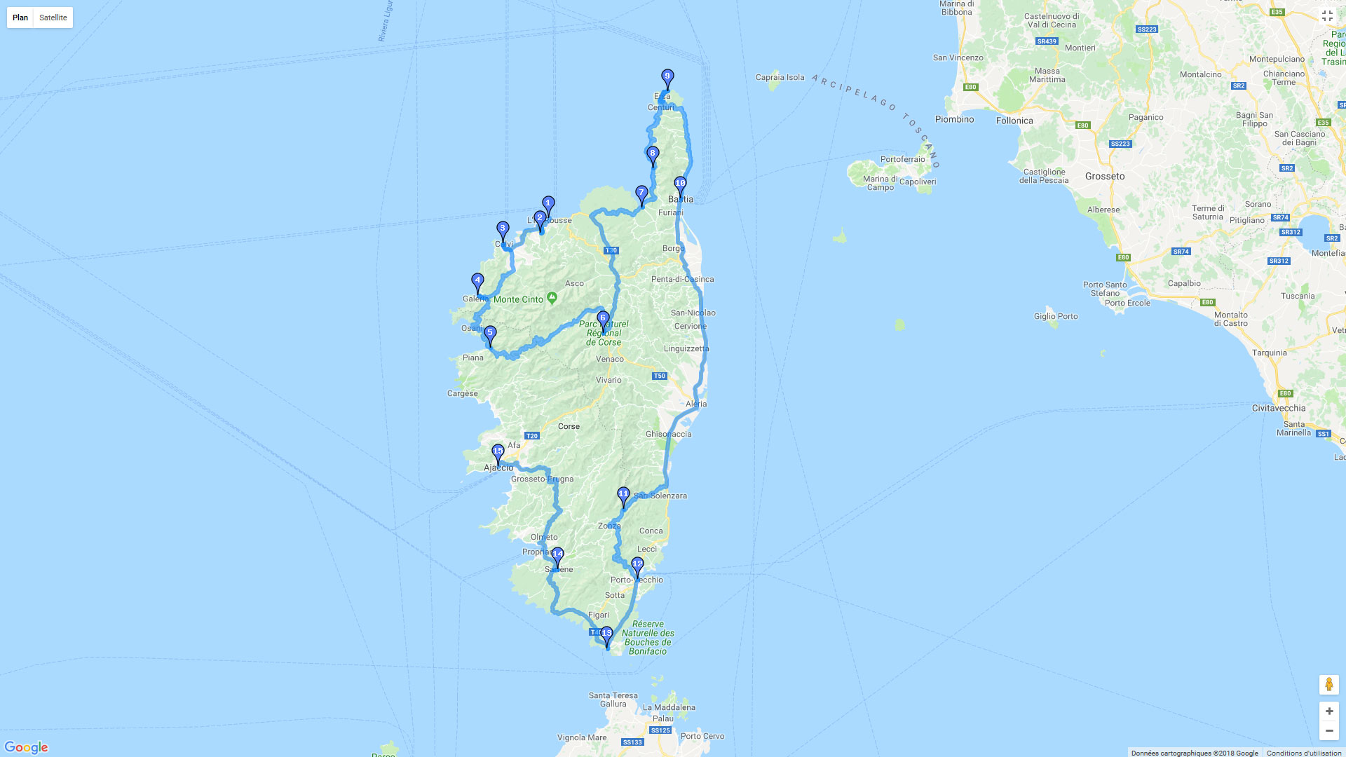 Pour zoomer sur la carte et avoir plus de détails, connectez-vous ! Carte roadbook Tour de Corse NO / SO