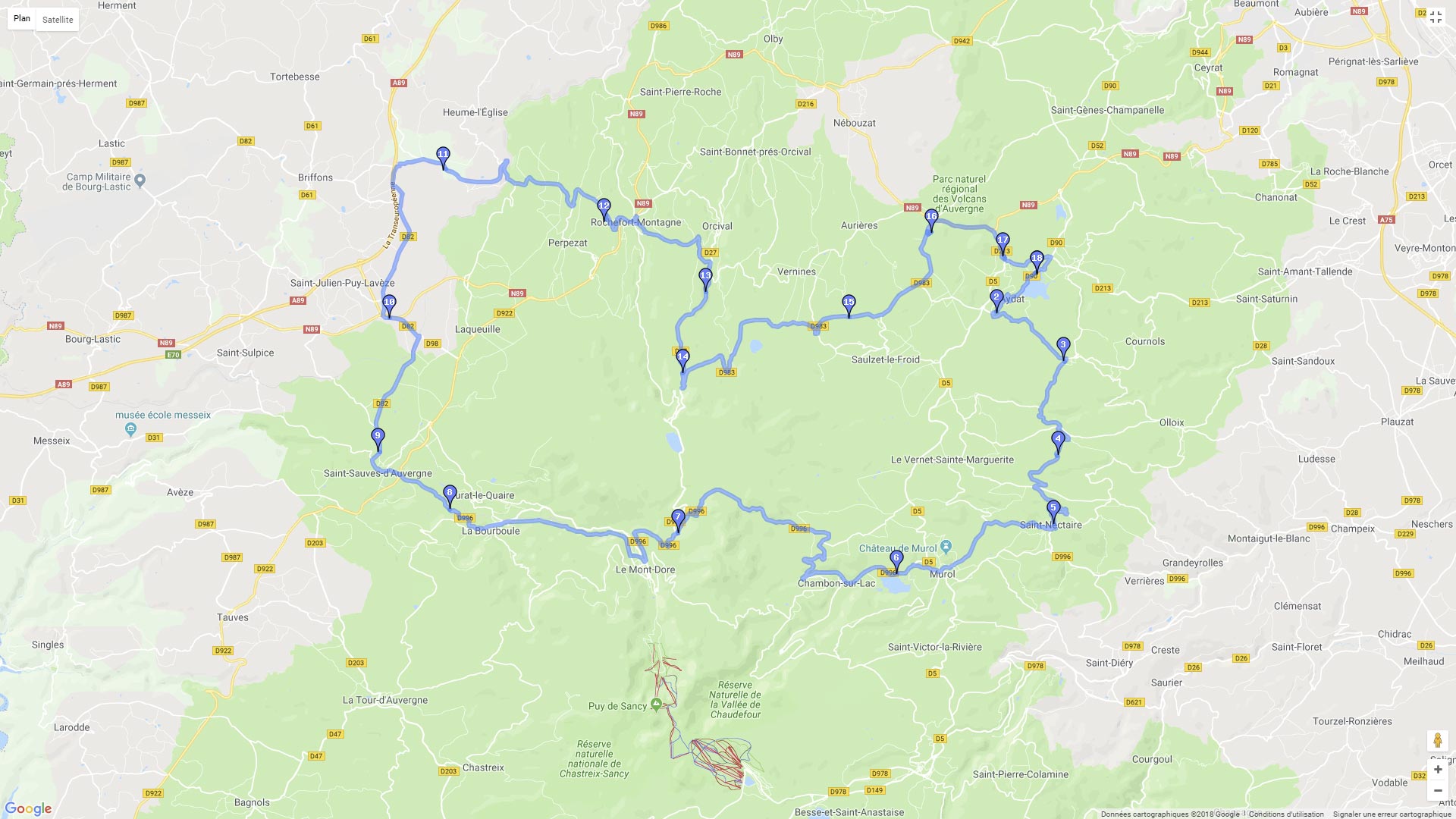Pour zoomer sur la carte et avoir plus de détails, connectez-vous ! Carte roadbook Le tour des lacs d'Auvergne