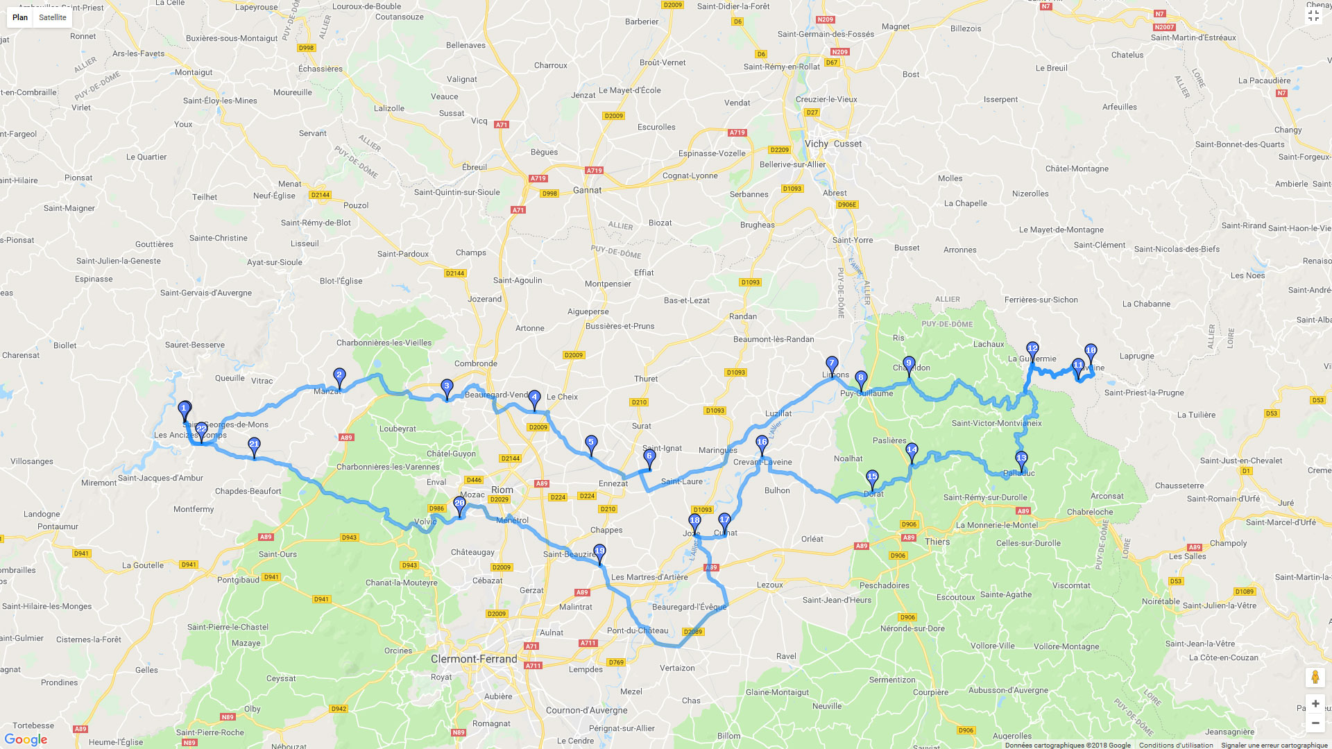 Pour zoomer sur la carte et avoir plus de détails, connectez-vous ! Carte roadbook A l'est de Riom
