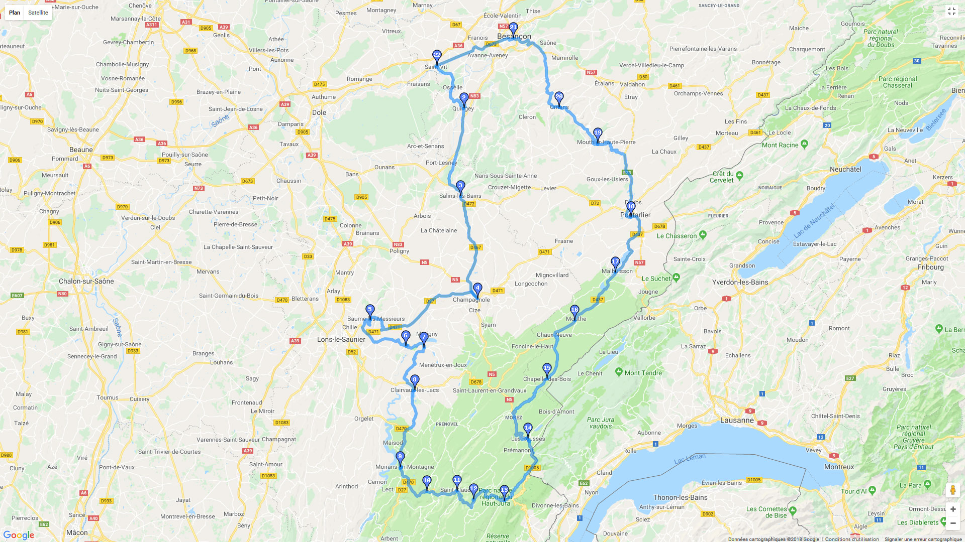 Pour zoomer sur la carte et avoir plus de détails, connectez-vous ! Carte roadbook Entre Doubs et Jura