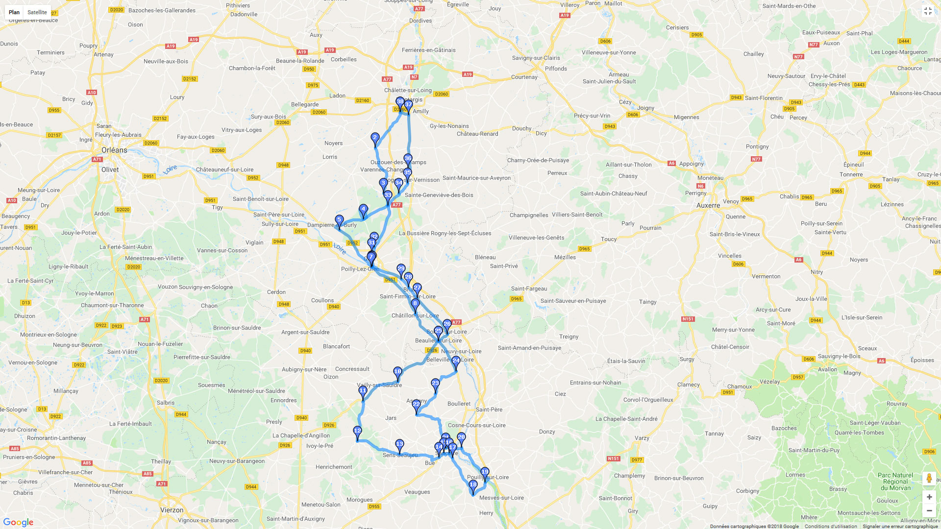 Pour zoomer sur la carte et avoir plus de détails, connectez-vous ! Carte roadbook De Montargis à Sancerre