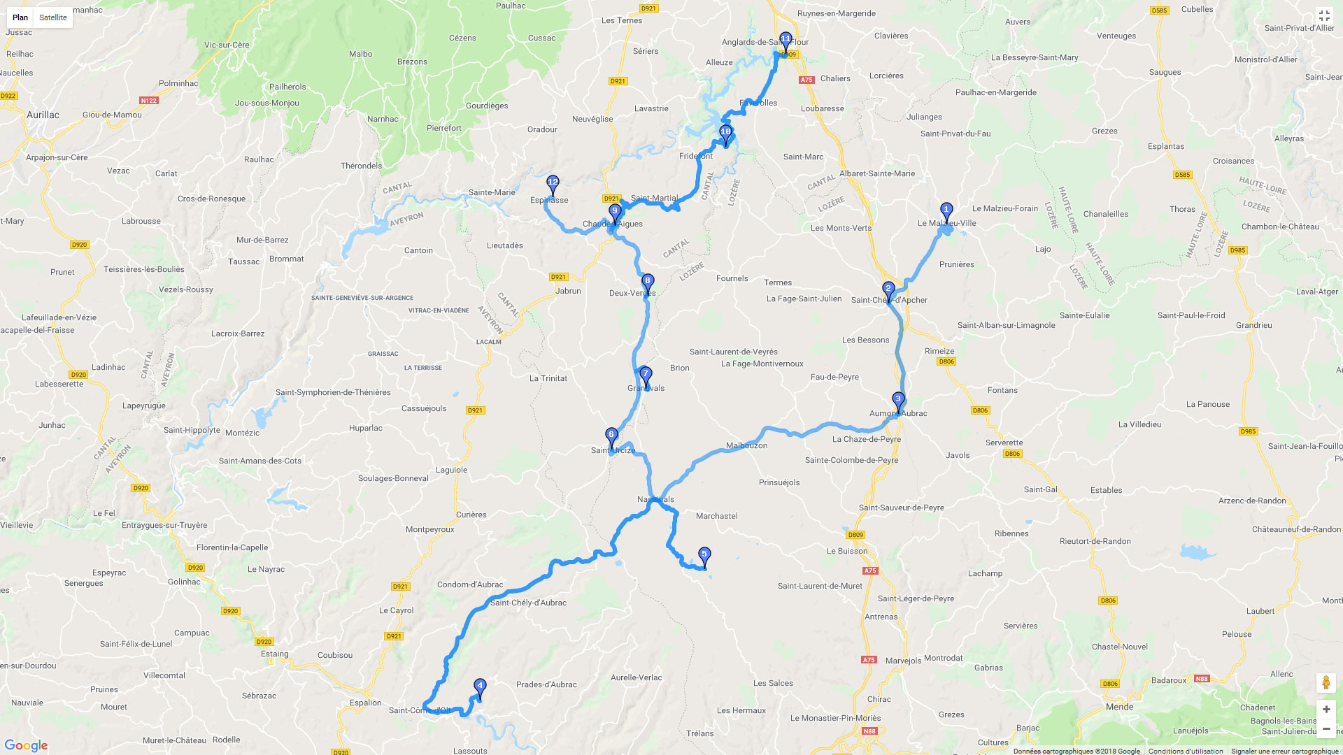 Pour zoomer sur la carte et avoir plus de détails, connectez-vous ! Carte roadbook Margeride, Aubrac et Cantal