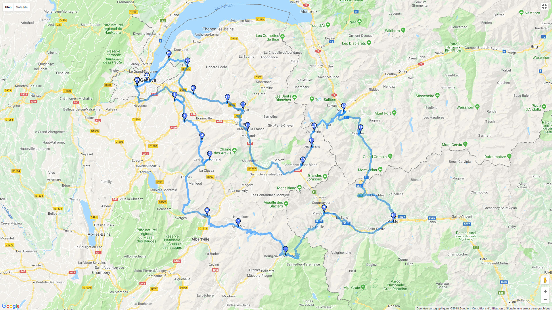 Pour zoomer sur la carte et avoir plus de détails, connectez-vous ! Carte roadbook Balade Haute Savoie, Italie et Valais