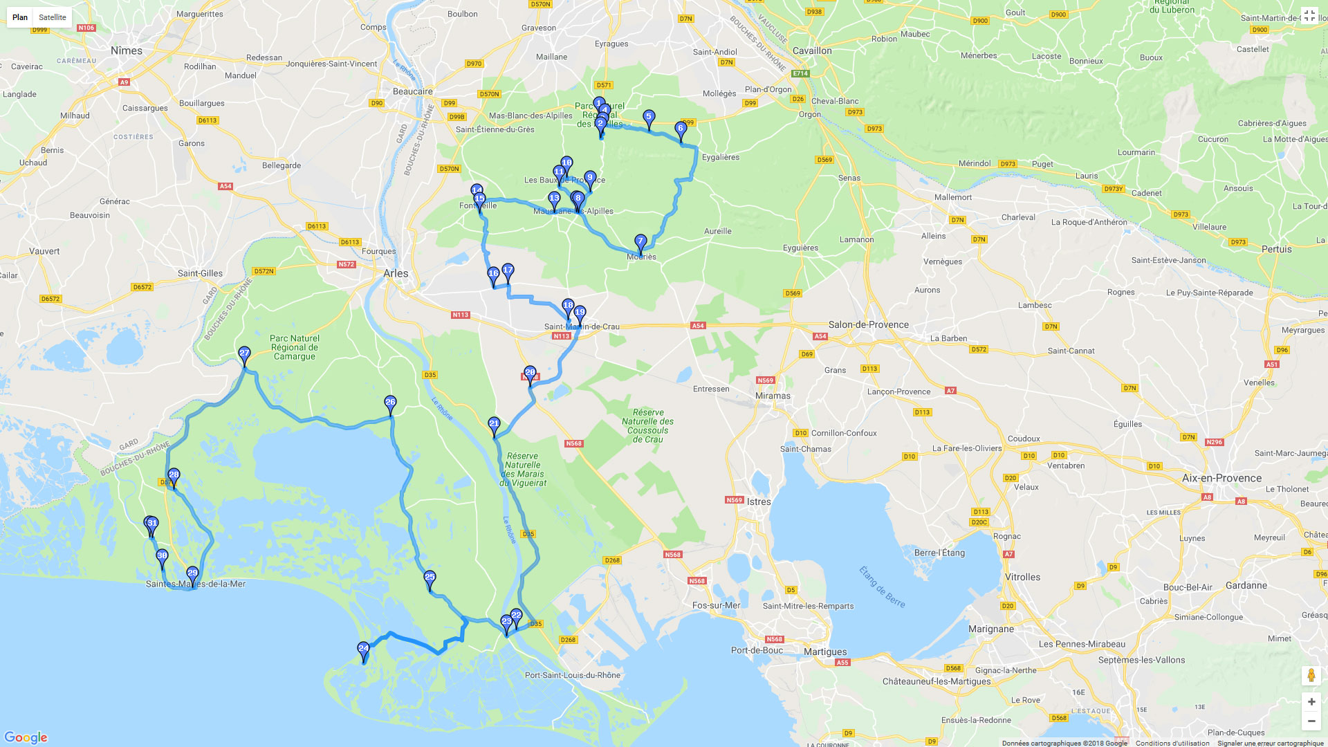 Pour zoomer sur la carte et avoir plus de détails, connectez-vous ! Carte roadbook Entre Alpilles et Camargues