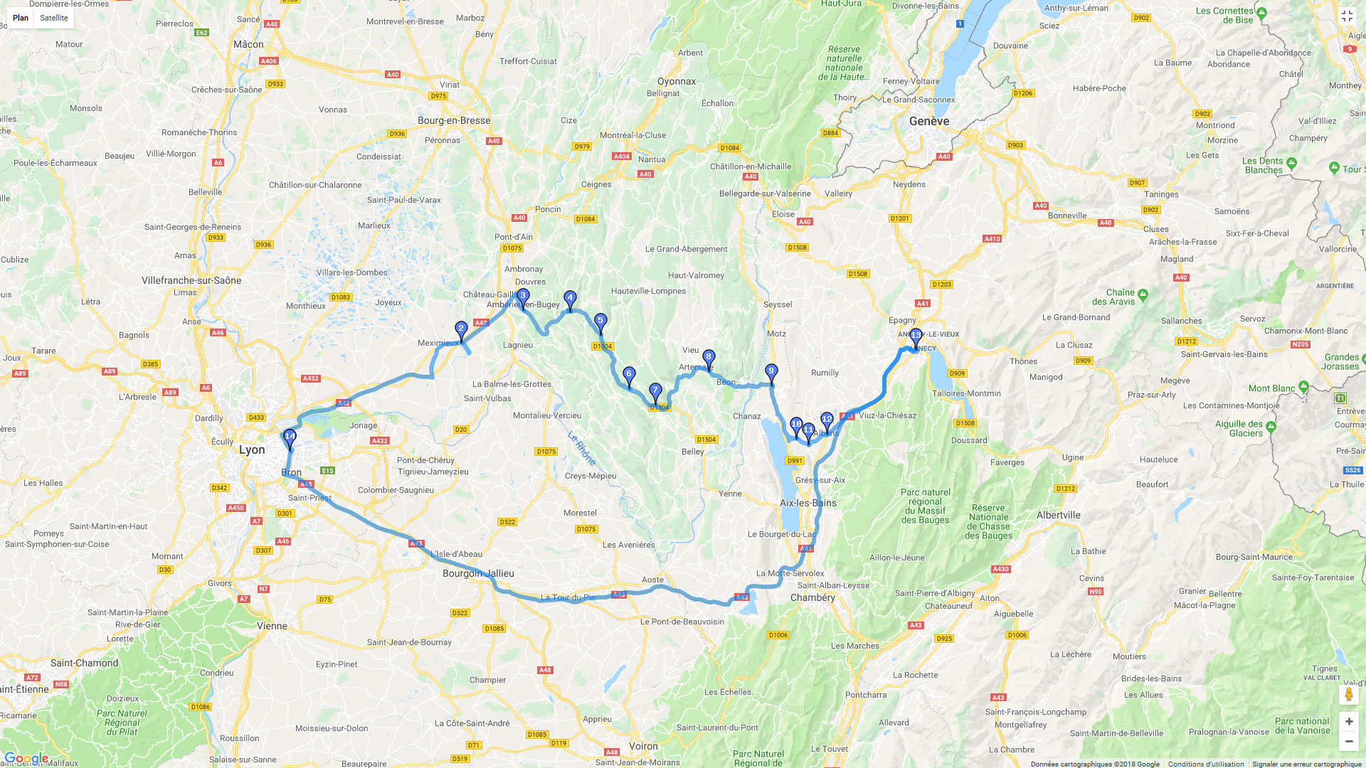 Pour zoomer sur la carte et avoir plus de détails, connectez-vous ! Carte roadbook De Villeurbanne à Annecy