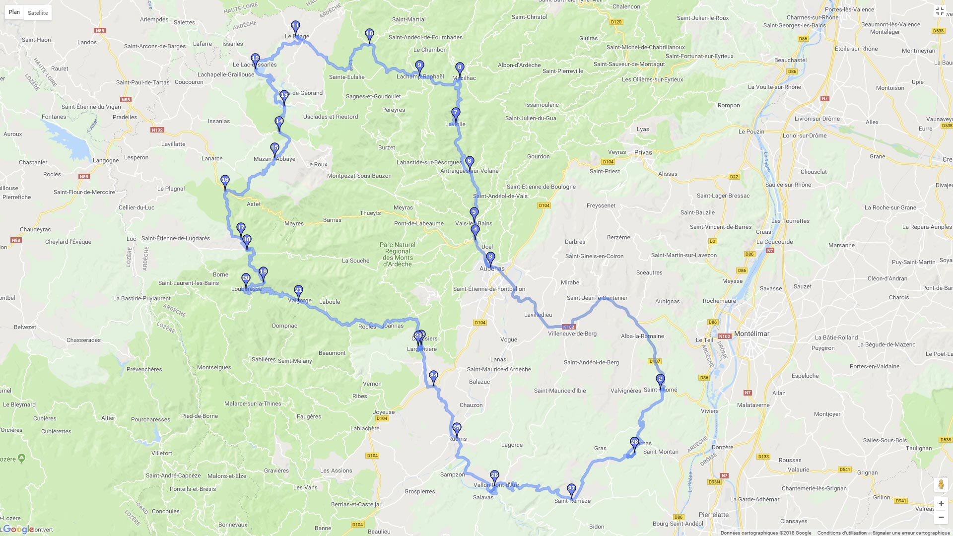 Pour zoomer sur la carte et avoir plus de détails, connectez-vous ! Carte roadbook La haute Ardèche et les sources de la Loire