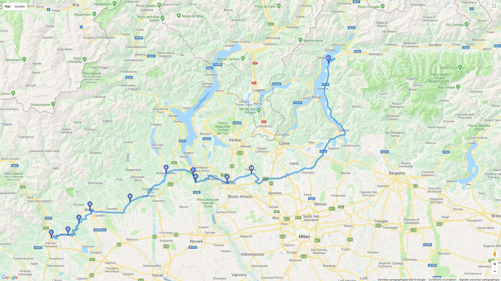 Pour zoomer sur la carte et avoir plus de détails, connectez-vous ! Carte roadbook Val D'Aoste vers les Lacs