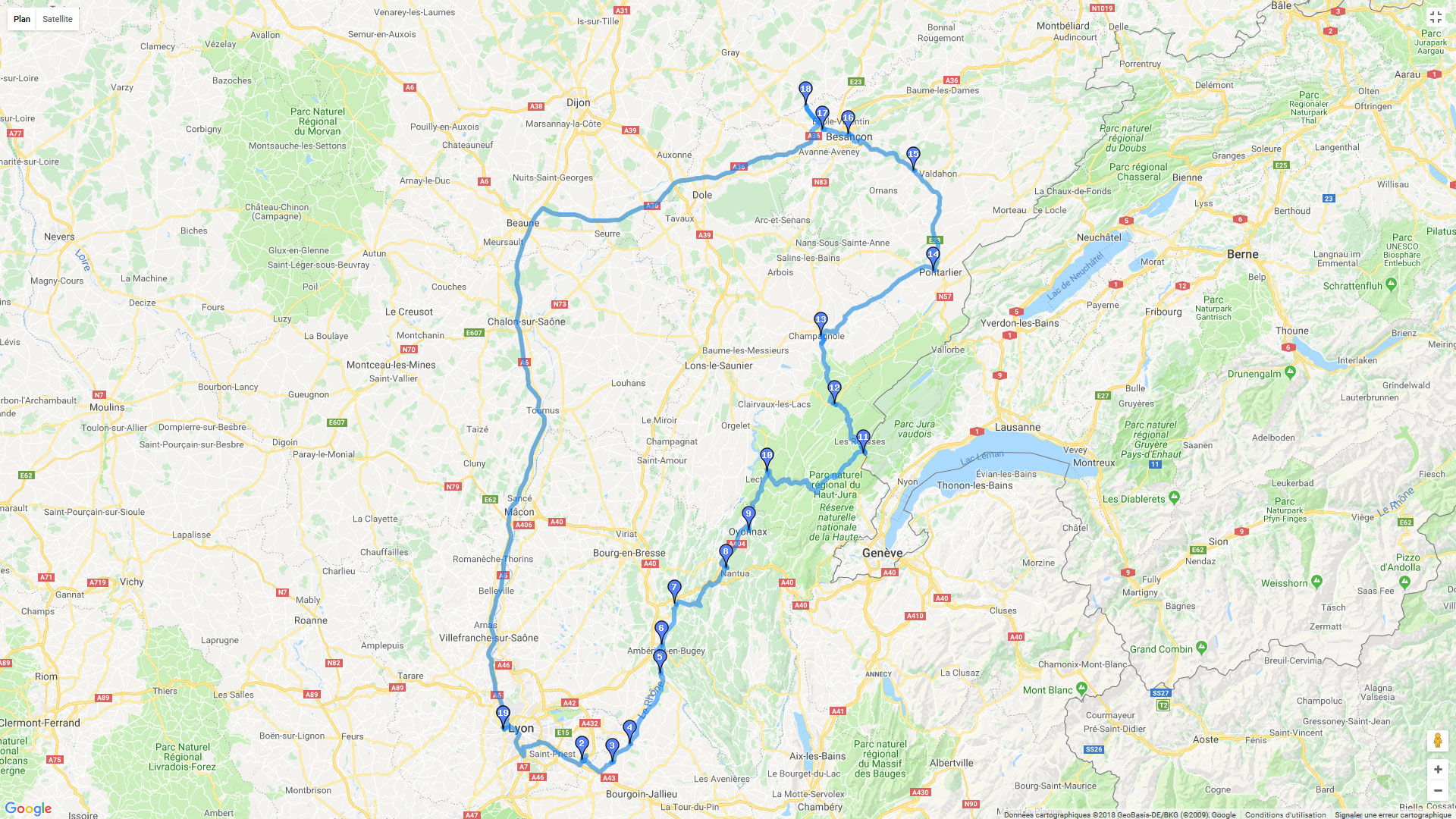 Pour zoomer sur la carte et avoir plus de détails, connectez-vous ! Carte roadbook Lyon - Besançon