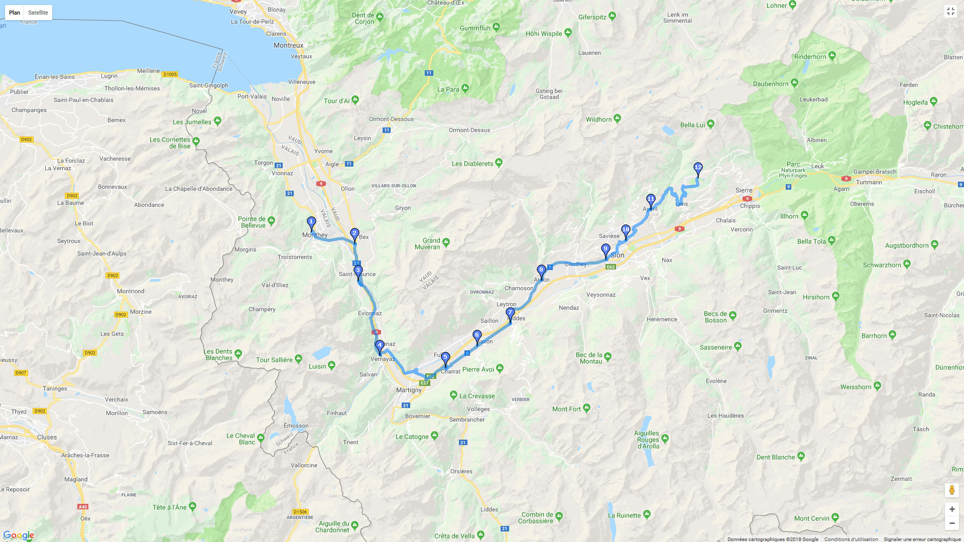 Pour zoomer sur la carte et avoir plus de détails, connectez-vous ! Carte roadbook Monthey - Crans Montana