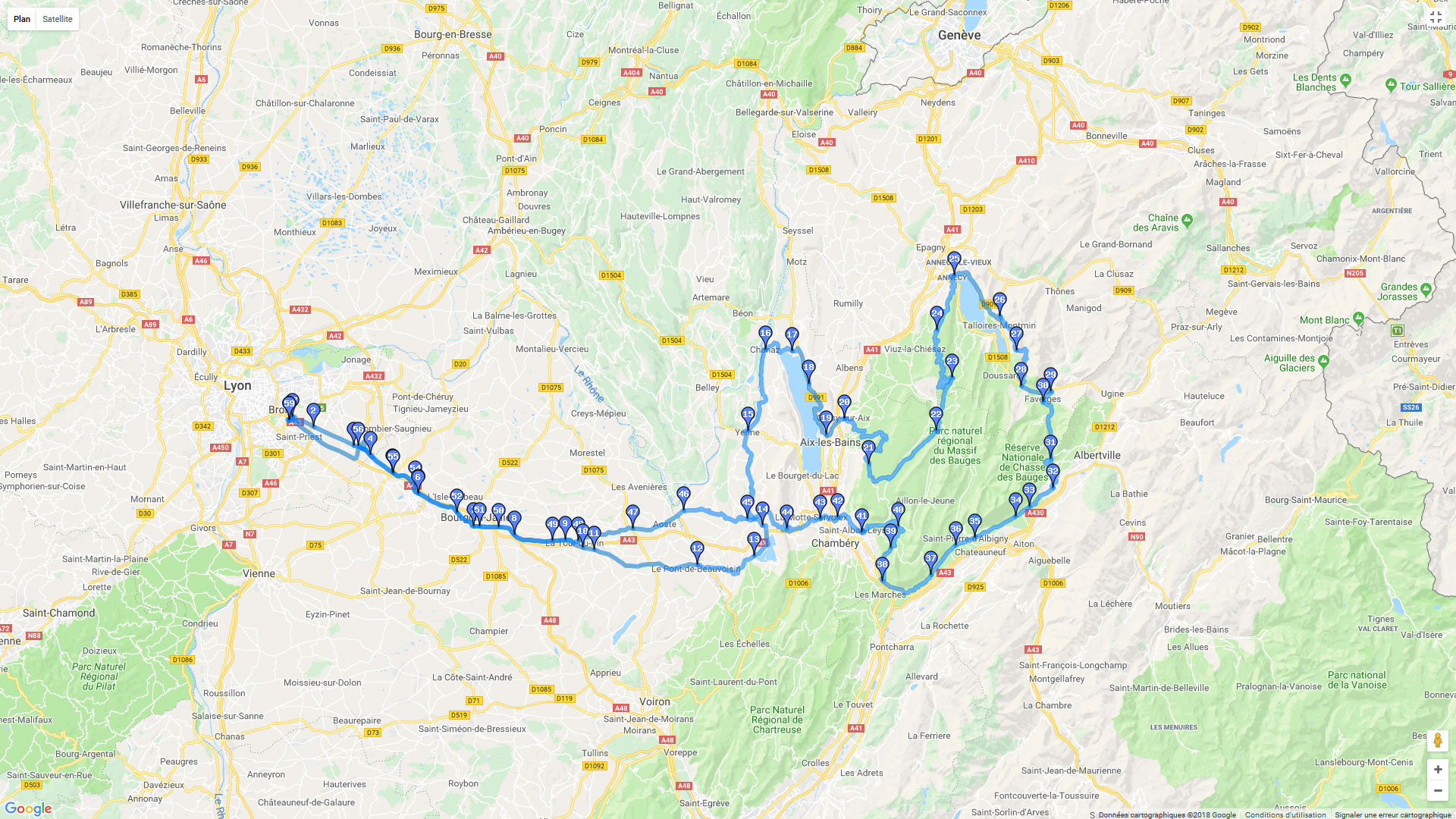 Pour zoomer sur la carte et avoir plus de détails, connectez-vous ! Carte roadbook De Lyon aux lacs de Savoie