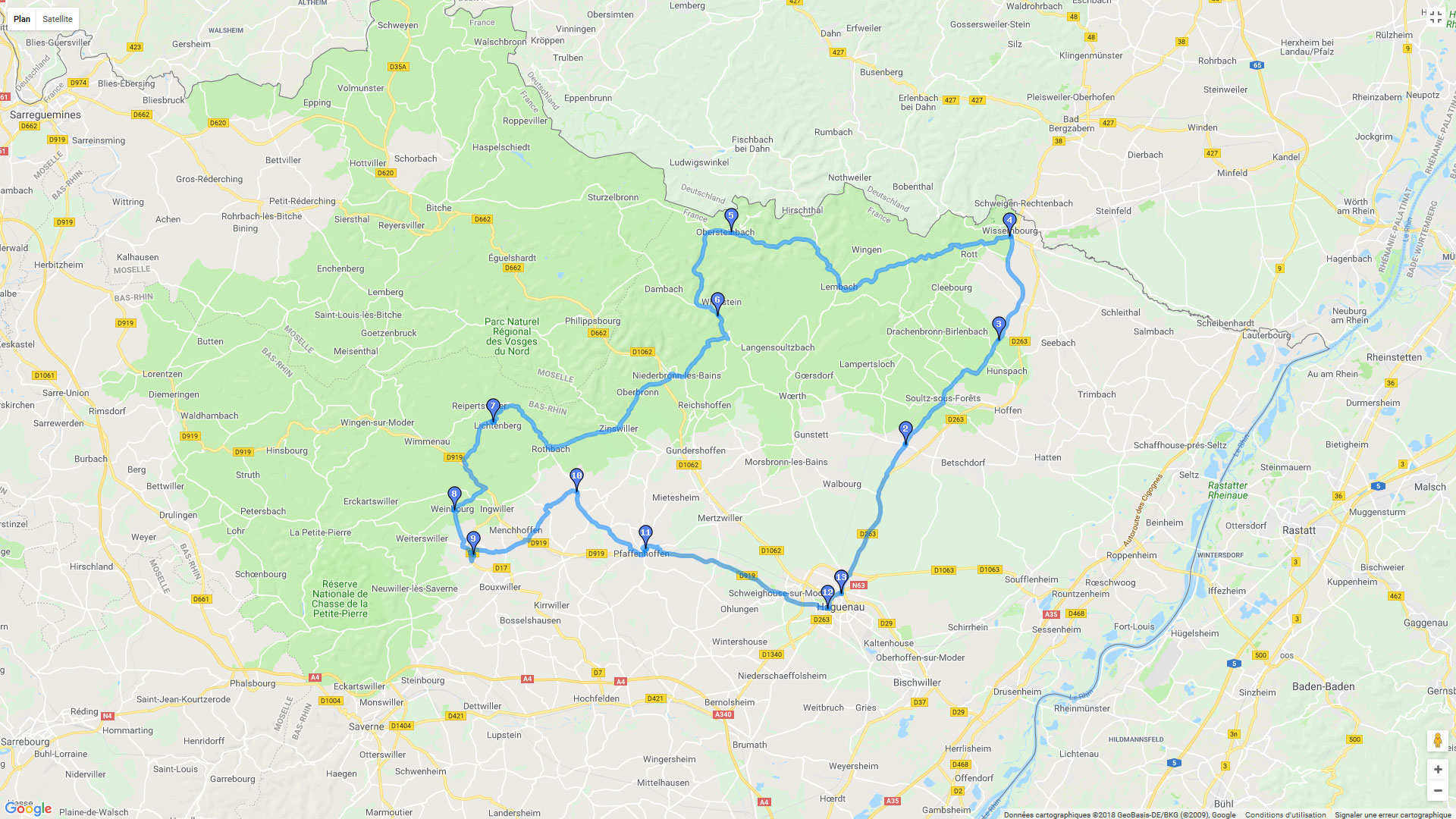 Pour zoomer sur la carte et avoir plus de détails, connectez-vous ! Carte roadbook Balade au Nord-Ouest de Haguenau