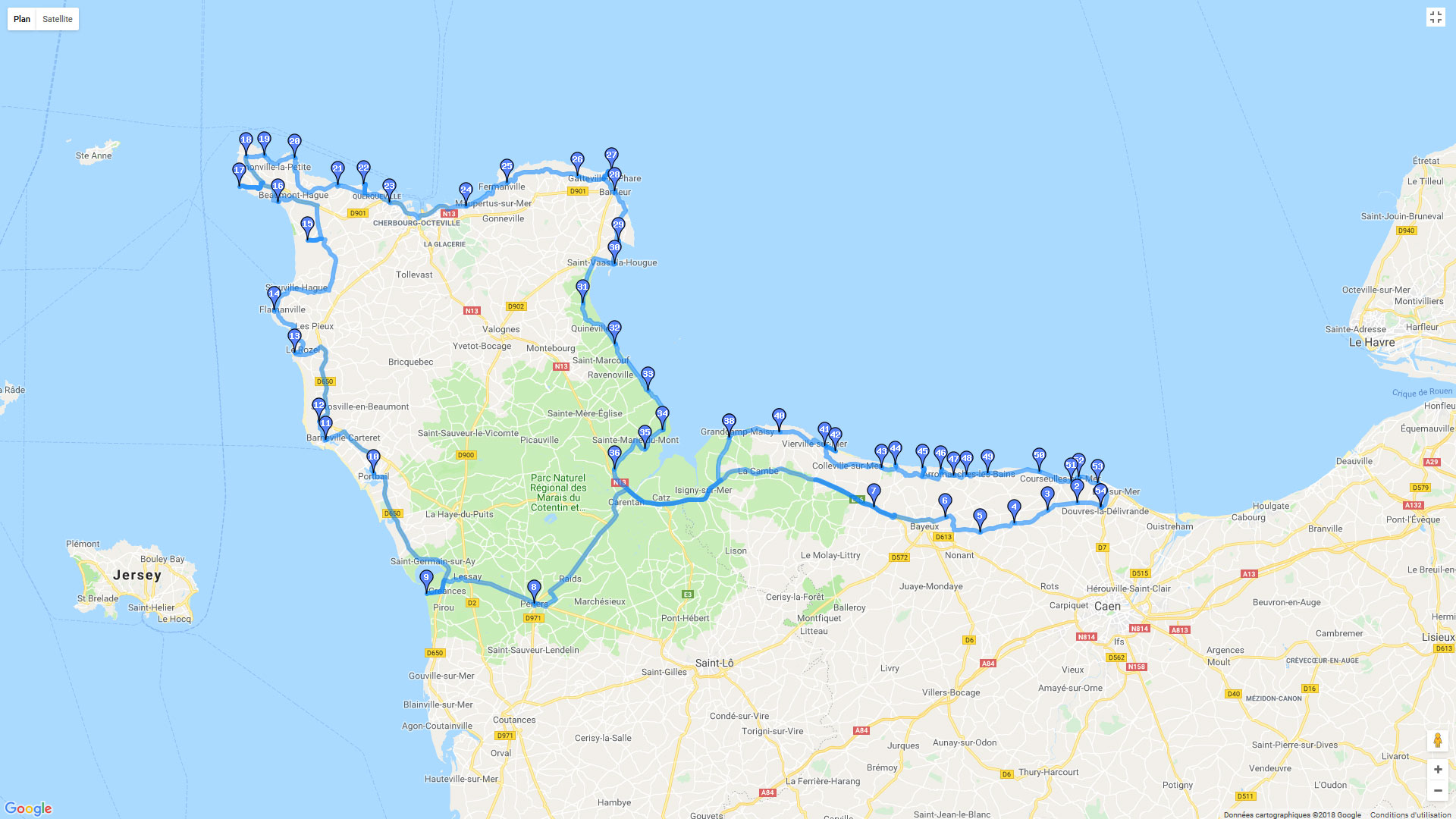 Pour zoomer sur la carte et avoir plus de détails, connectez-vous ! Carte roadbook Le Cotentin au départ de Douvres