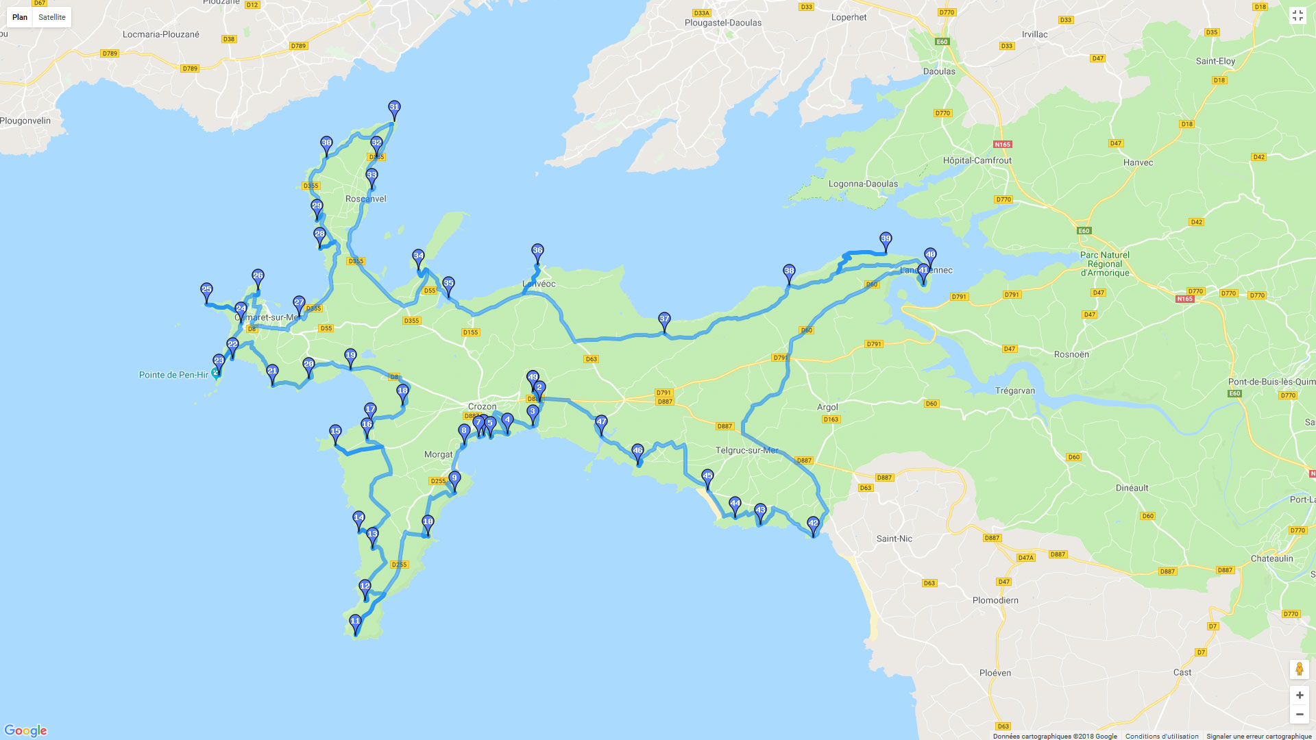 Pour zoomer sur la carte et avoir plus de détails, connectez-vous ! Carte roadbook La presqu'ile de Crozon
