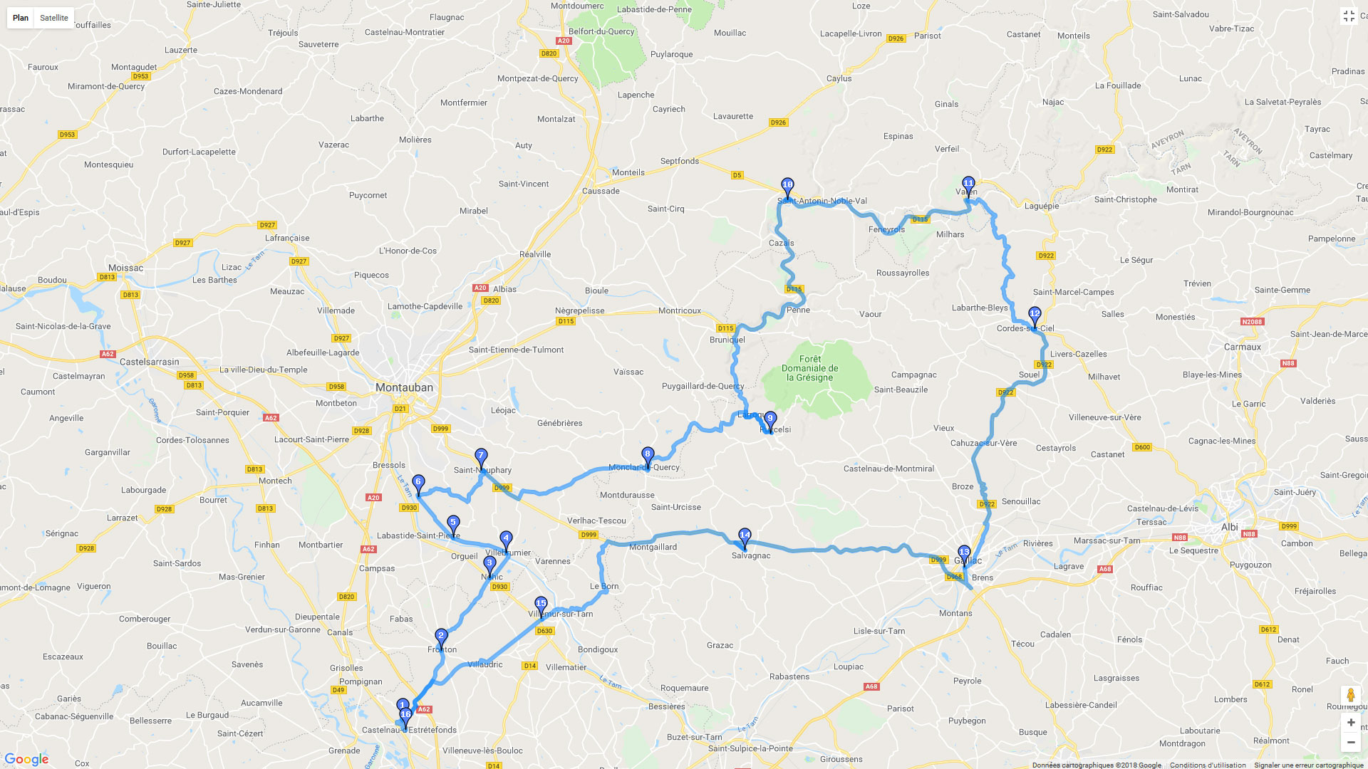 Pour zoomer sur la carte et avoir plus de détails, connectez-vous ! Carte roadbook St Antonin Noble Val - Cordes sur ciel