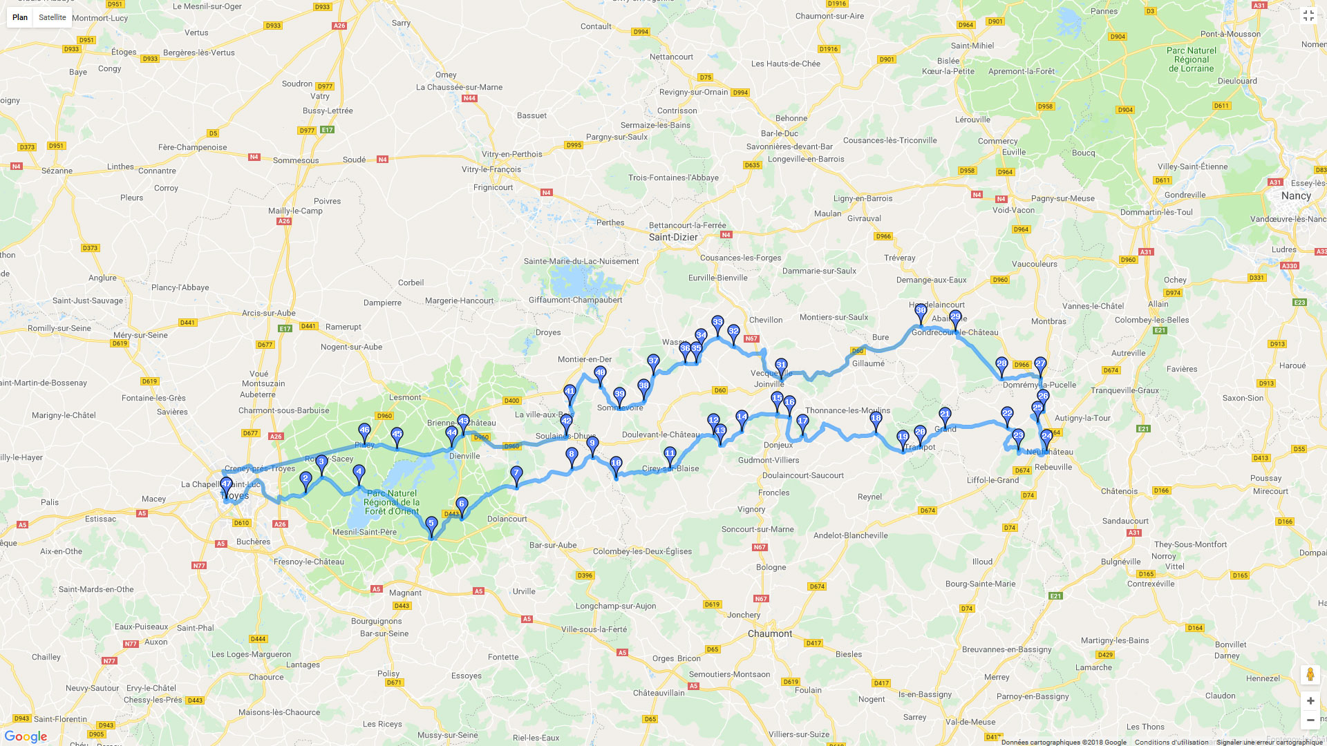 Pour zoomer sur la carte et avoir plus de détails, connectez-vous ! Carte roadbook Troyes - Neufchateau