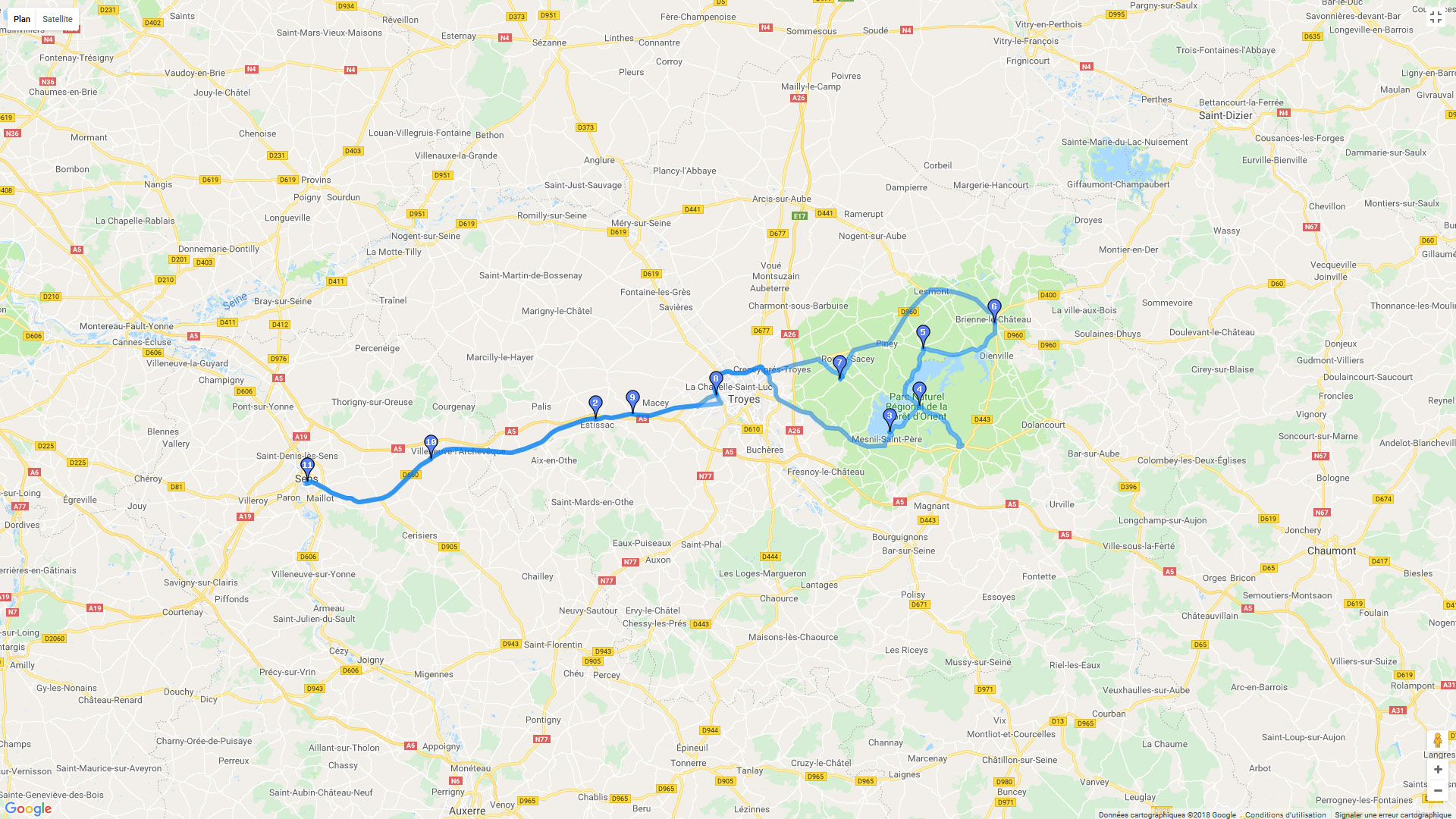 Pour zoomer sur la carte et avoir plus de détails, connectez-vous ! Carte roadbook Boucle Sens / lacs de Troyes
