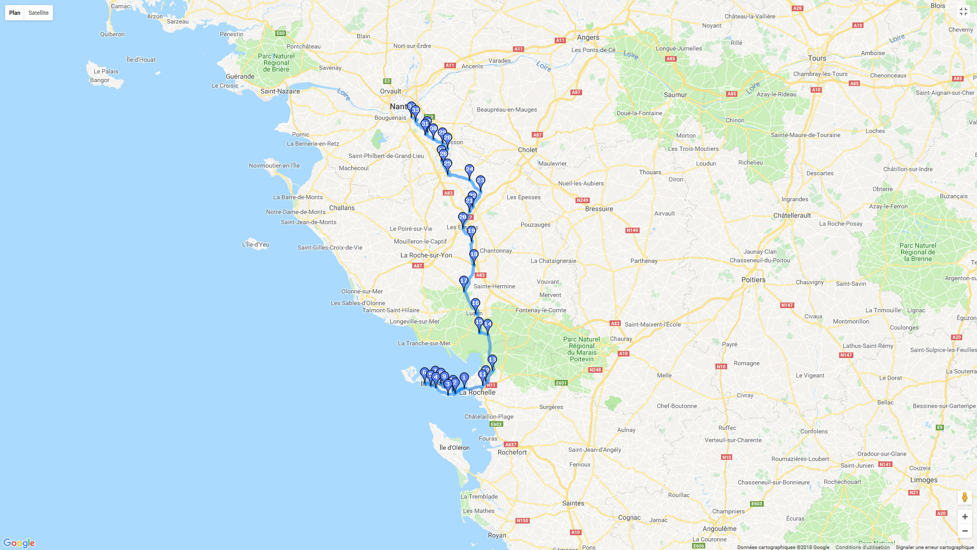 Pour zoomer sur la carte et avoir plus de détails, connectez-vous ! Carte roadbook De l'Ile de Ré à Vertou