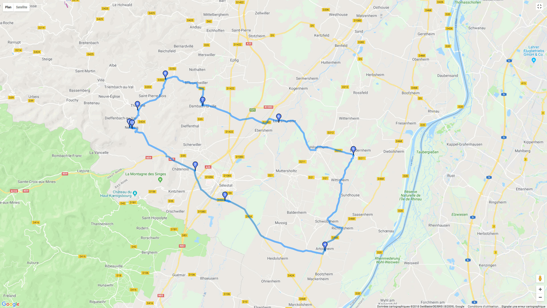 Pour zoomer sur la carte et avoir plus de détails, connectez-vous ! Carte roadbook Autour de Sélestat