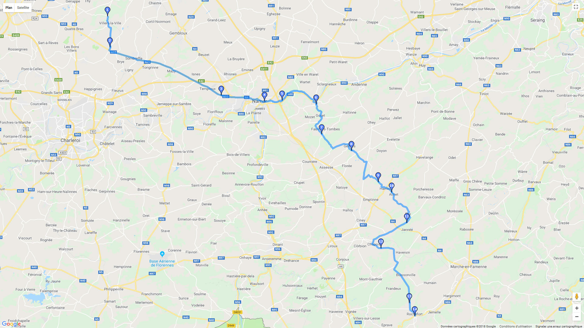 Pour zoomer sur la carte et avoir plus de détails, connectez-vous ! Carte roadbook De Branbant Wallon à la Famenne