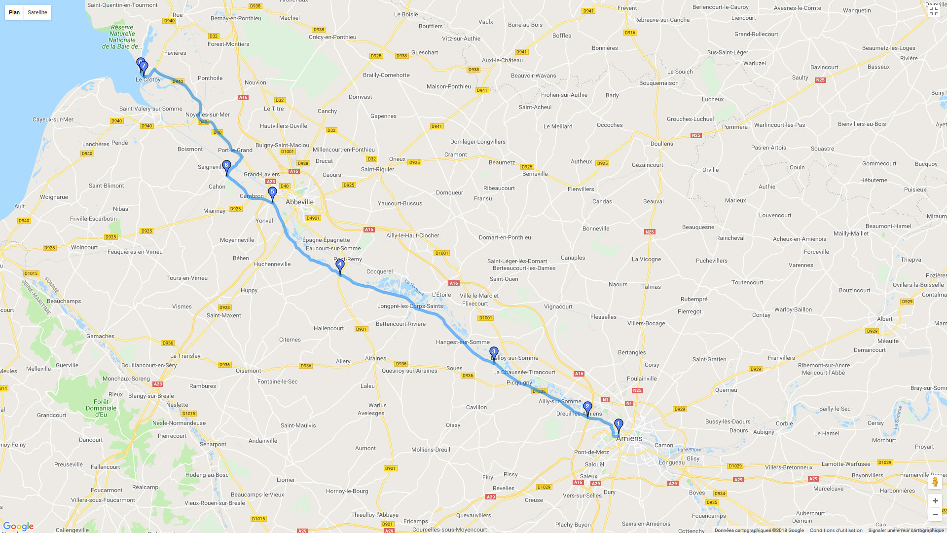 Pour zoomer sur la carte et avoir plus de détails, connectez-vous ! Carte roadbook Amiens - Le Crotoy