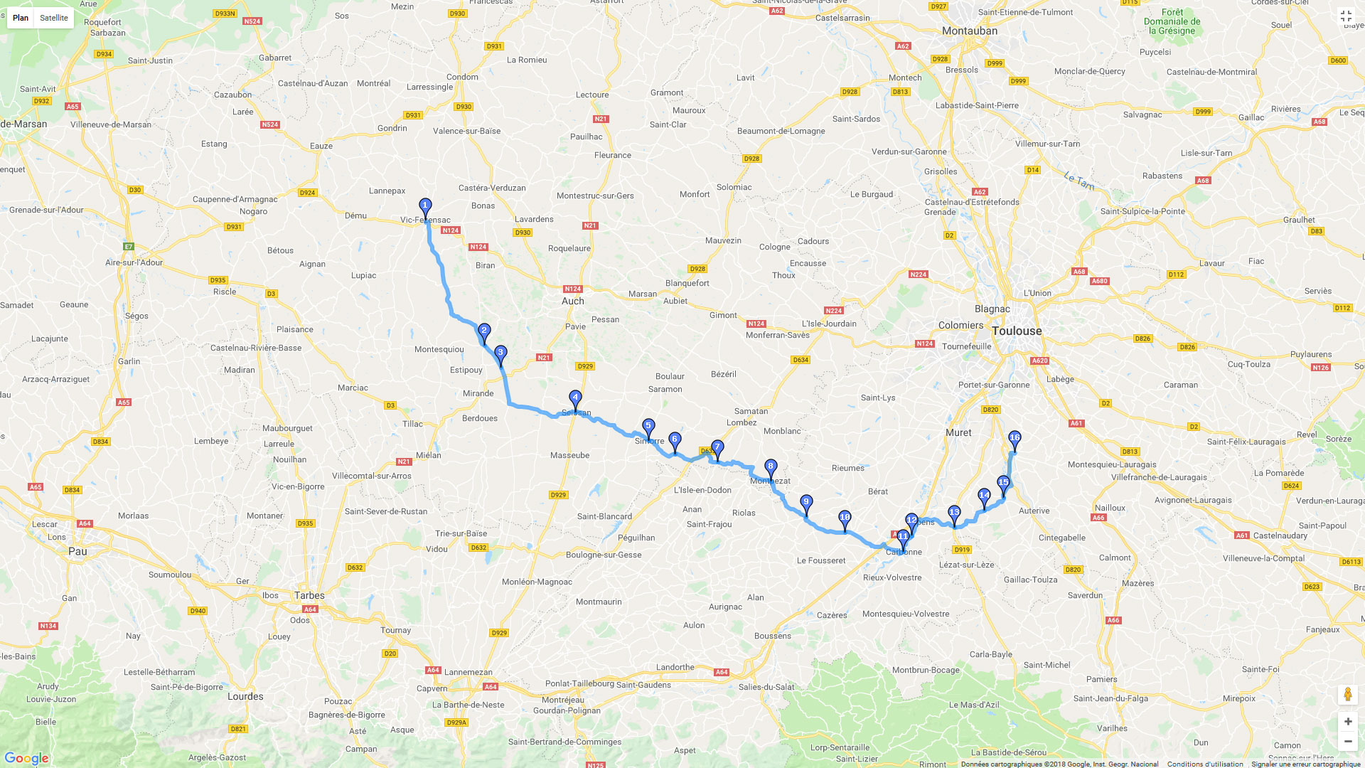 Pour zoomer sur la carte et avoir plus de détails, connectez-vous ! Carte roadbook Vic Fezensac -> Eaux Vives Verneque