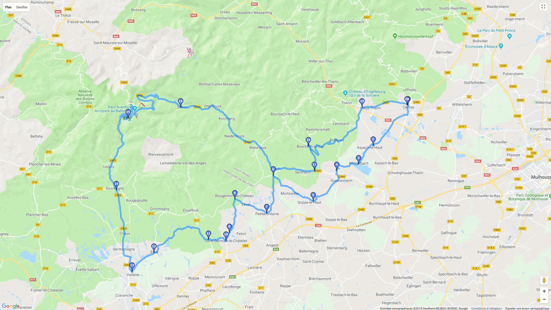 Pour zoomer sur la carte et avoir plus de détails, connectez-vous ! Carte roadbook Ballon d'Alsace