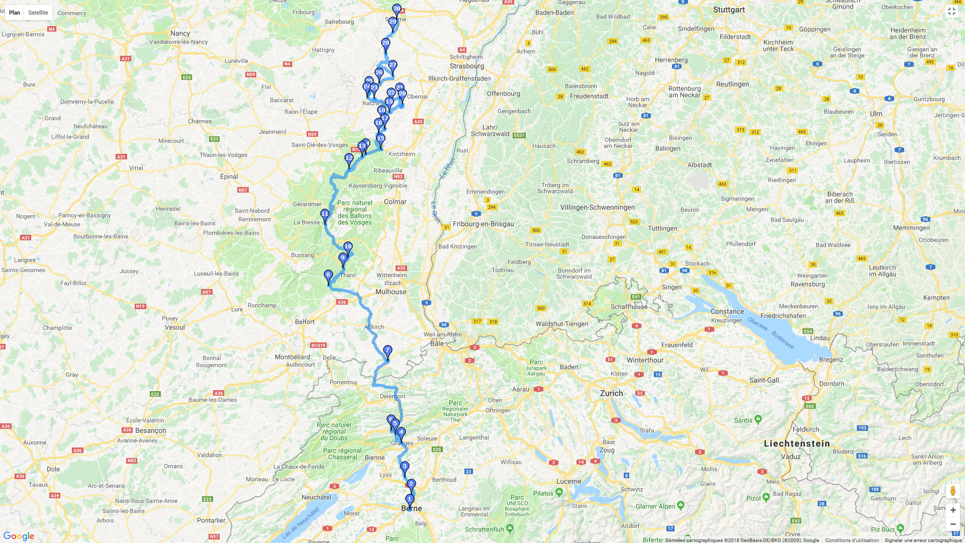 Pour zoomer sur la carte et avoir plus de détails, connectez-vous ! Carte roadbook De Bern à Saverne