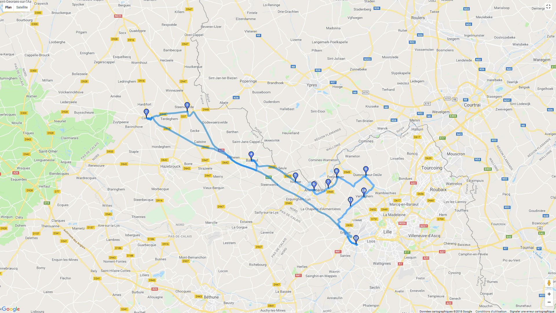 Pour zoomer sur la carte et avoir plus de détails, connectez-vous ! Carte roadbook Lille - Cassel