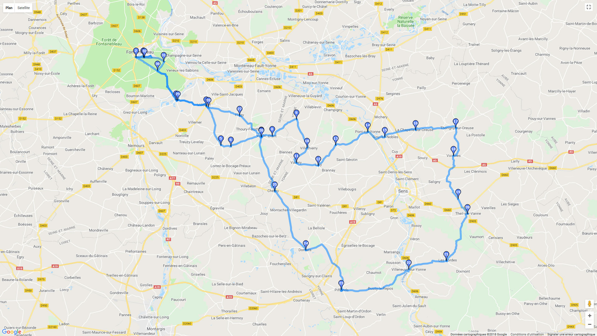 Pour zoomer sur la carte et avoir plus de détails, connectez-vous ! Carte roadbook De Fontainebleau à Sens