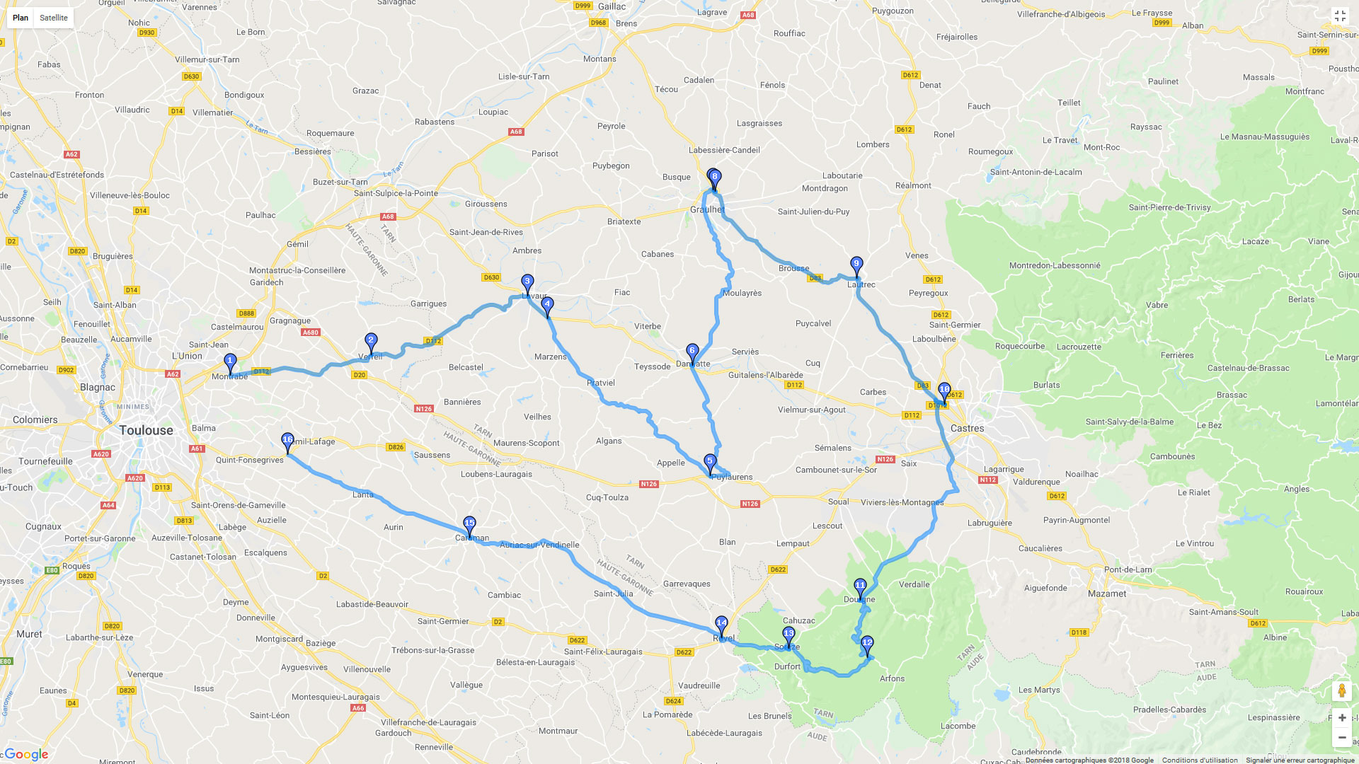 Pour zoomer sur la carte et avoir plus de détails, connectez-vous ! Carte roadbook Balade sud du Tarn