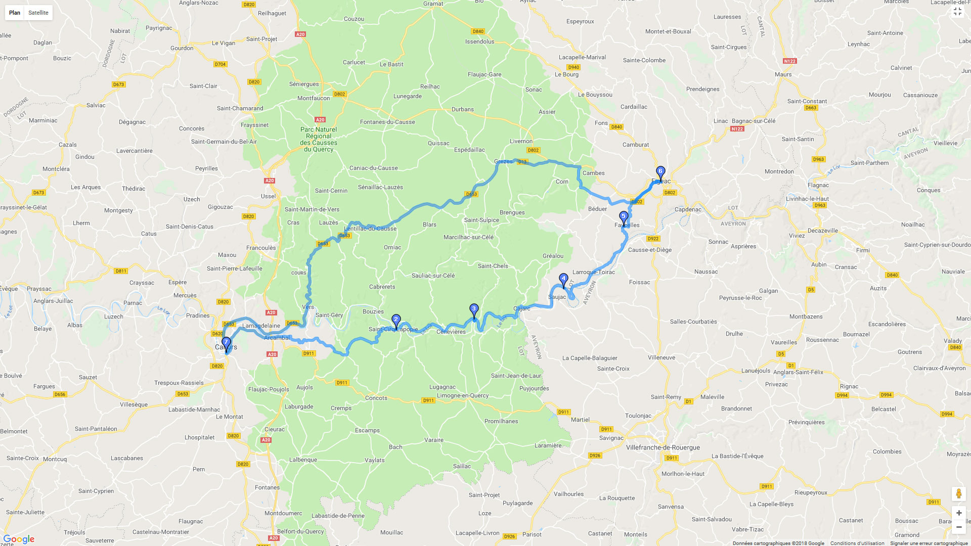 Pour zoomer sur la carte et avoir plus de détails, connectez-vous ! Carte roadbook Boucle Cahors - Figeac