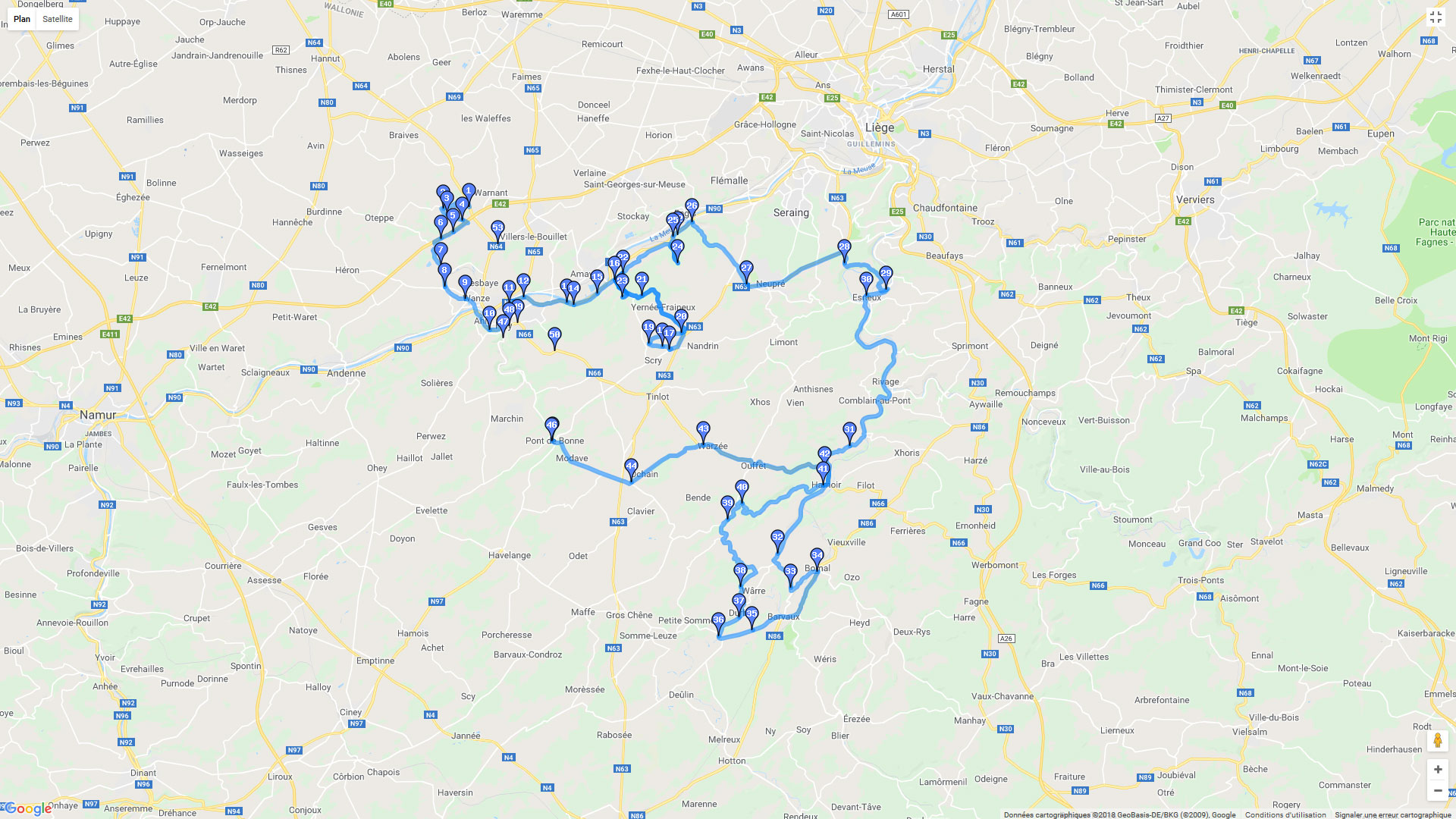 Pour zoomer sur la carte et avoir plus de détails, connectez-vous ! Carte roadbook Entre Meuse et Condroz Hutois