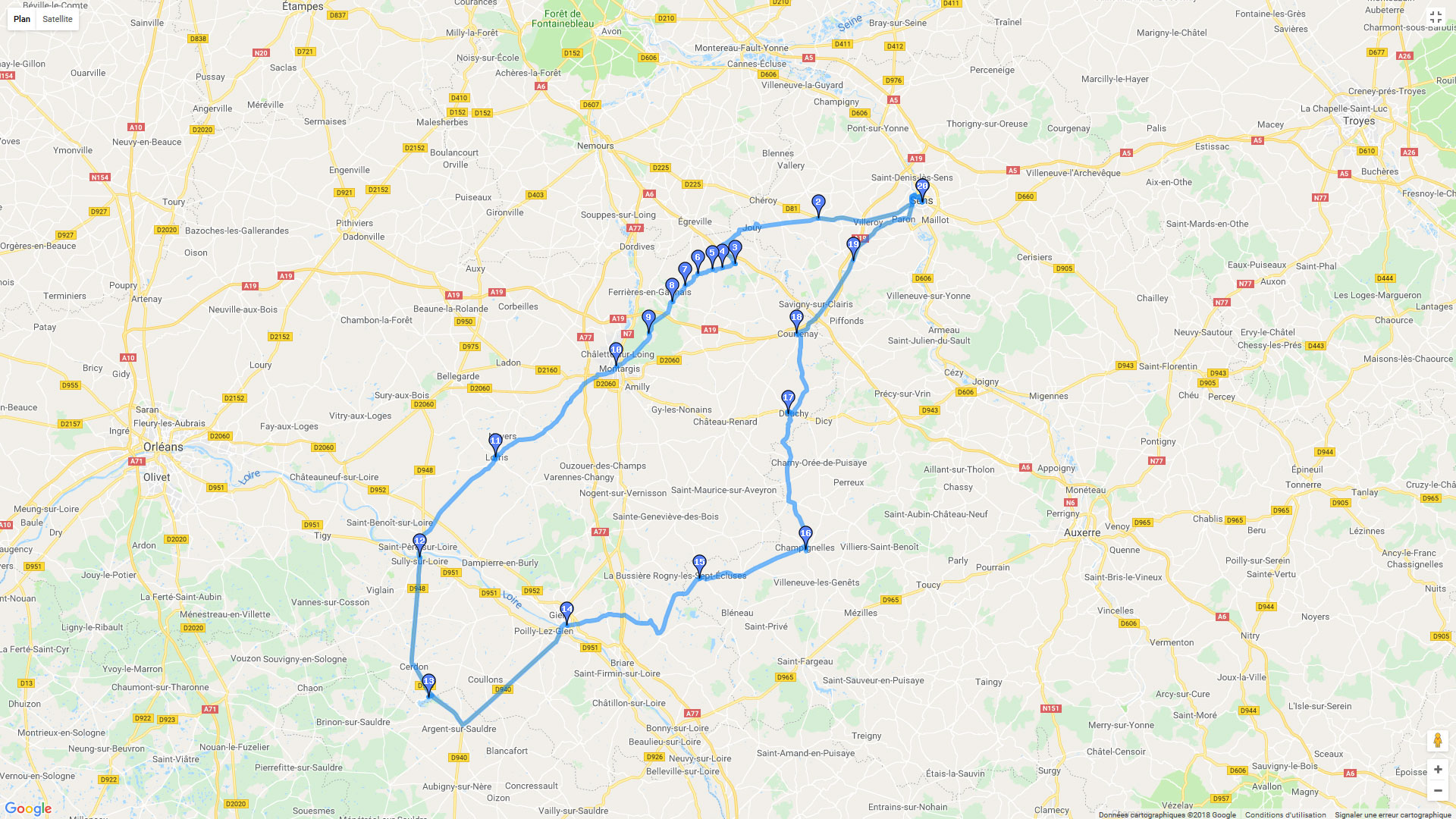 Pour zoomer sur la carte et avoir plus de détails, connectez-vous ! Carte roadbook De l'Yonne à la Loire