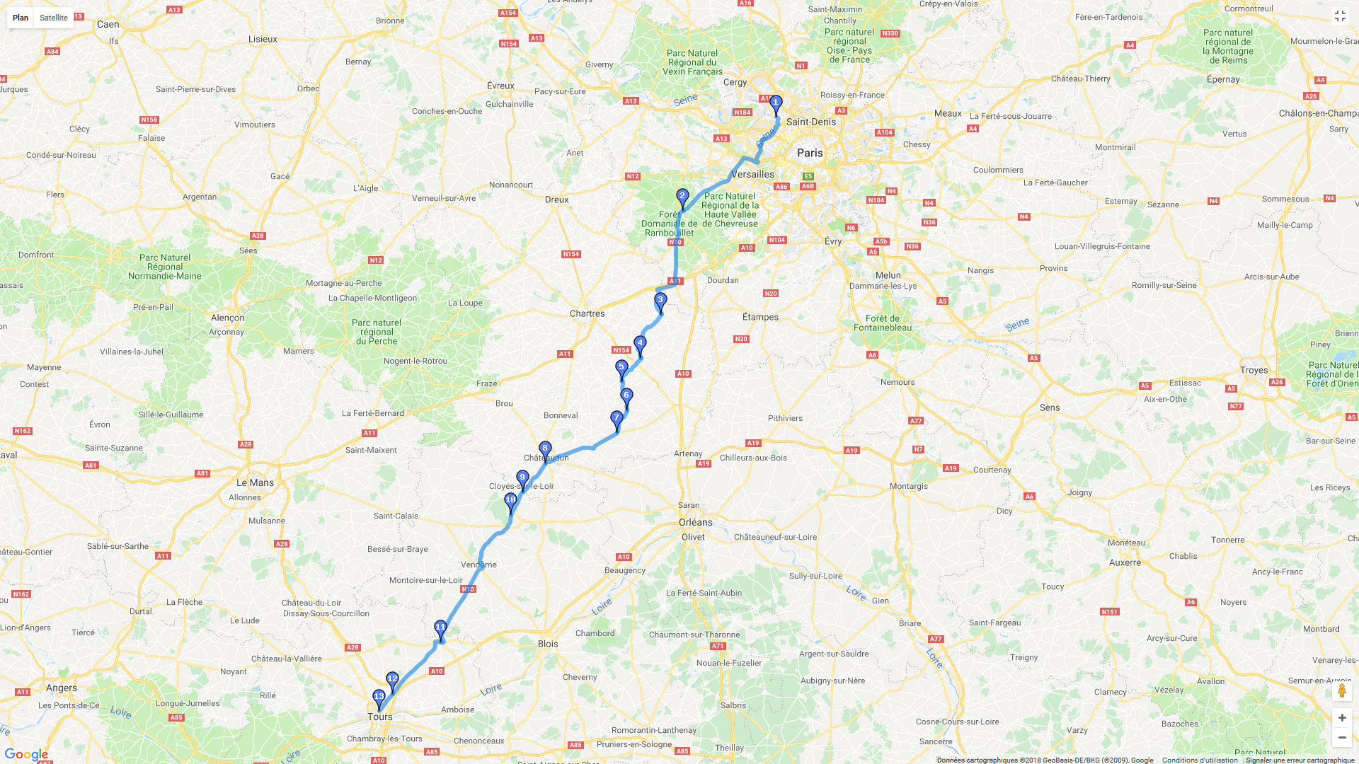 Pour zoomer sur la carte et avoir plus de détails, connectez-vous ! Carte roadbook Paris - Tours