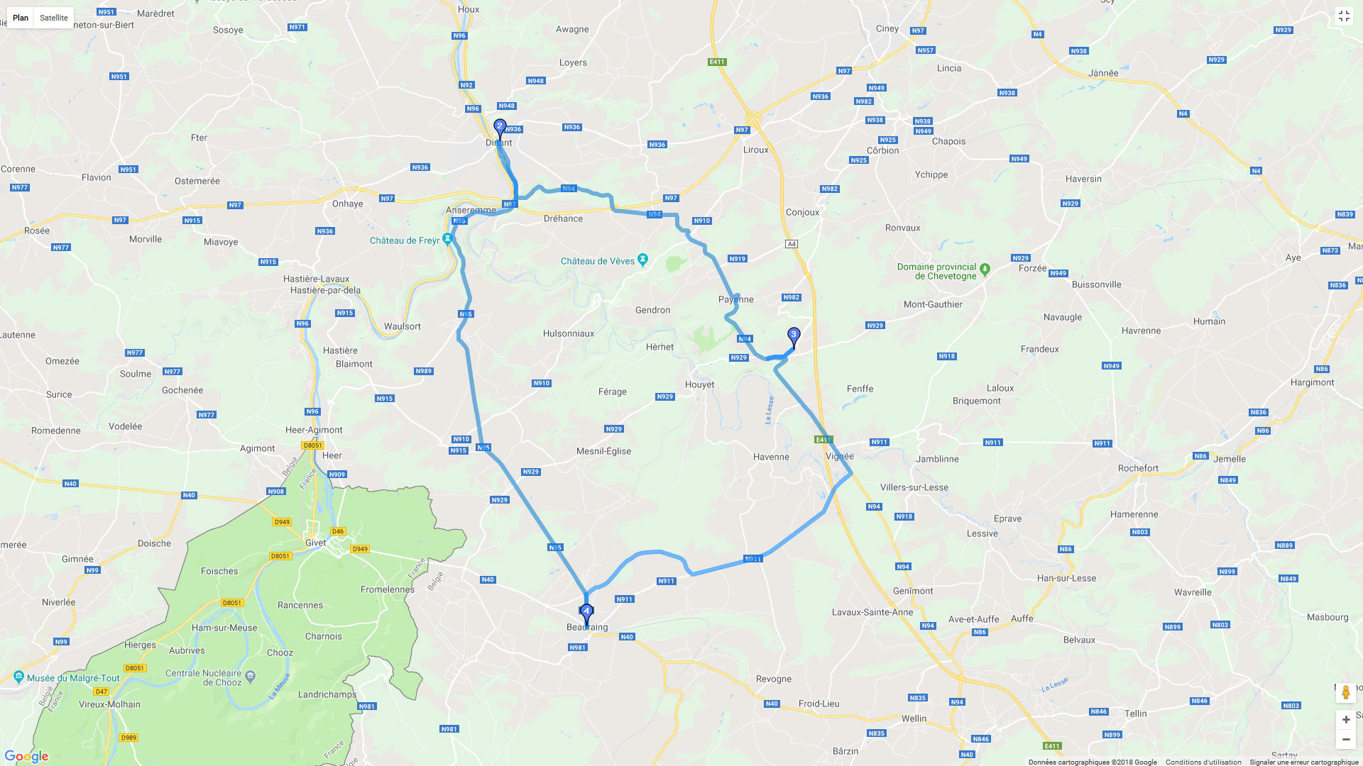 Pour zoomer sur la carte et avoir plus de détails, connectez-vous ! Carte roadbook Beauraing - Dinant