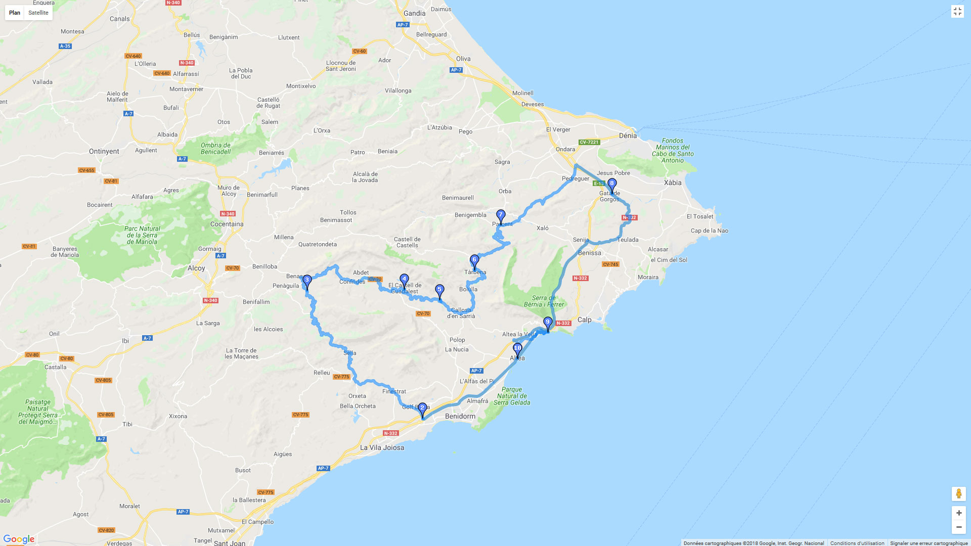 Pour zoomer sur la carte et avoir plus de détails, connectez-vous ! Carte roadbook La Costa Blanca par les terres