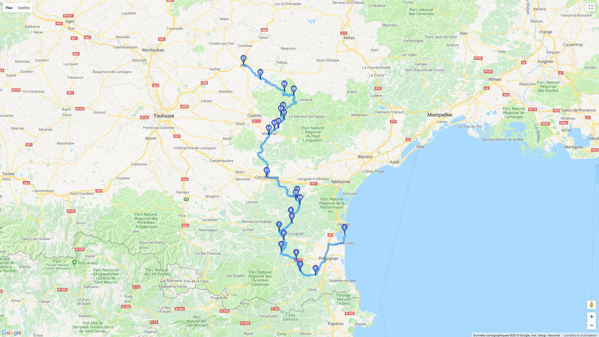 Pour zoomer sur la carte et avoir plus de détails, connectez-vous ! Carte roadbook Leucate - Albi