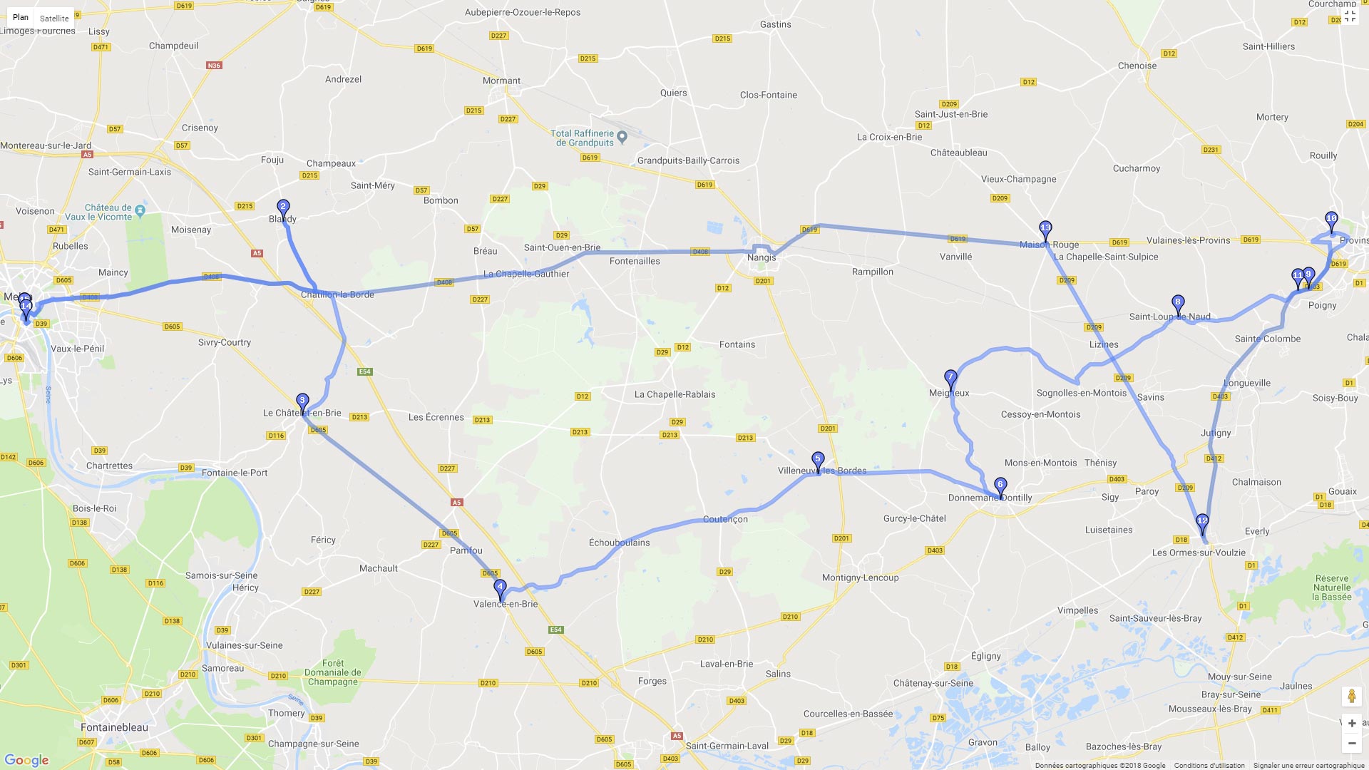 Pour zoomer sur la carte et avoir plus de détails, connectez-vous ! Carte roadbook Melun à Provins par les routes de traverses