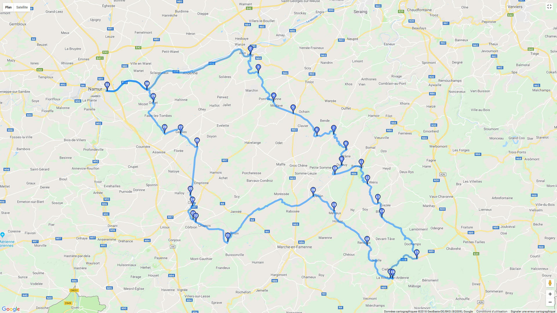 Pour zoomer sur la carte et avoir plus de détails, connectez-vous ! Carte roadbook Jambes - La Roche-en-Ardenne
