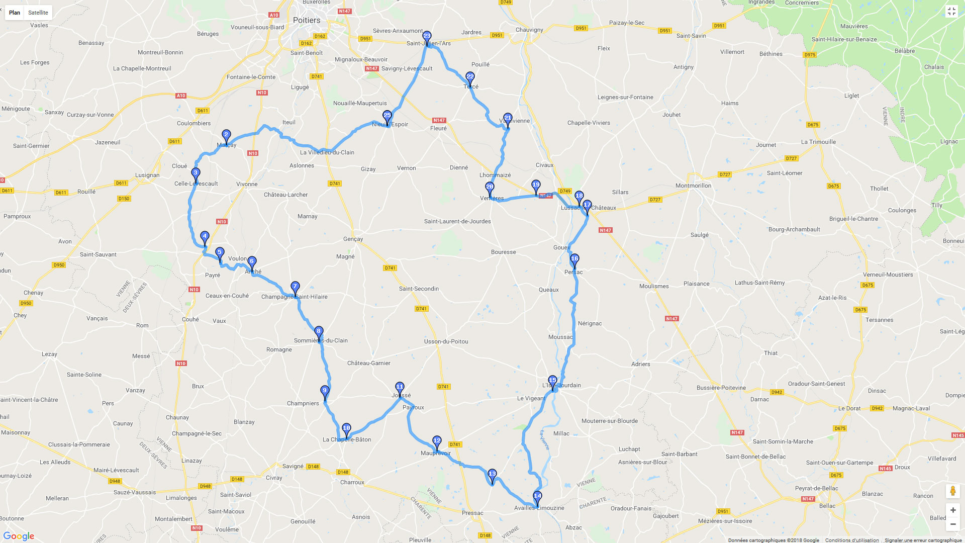 Pour zoomer sur la carte et avoir plus de détails, connectez-vous ! Carte roadbook Nieuil l'Espoir - Saint Julien l'Ars