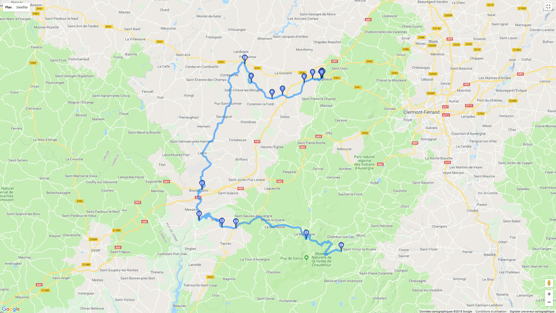 Pour zoomer sur la carte et avoir plus de détails, connectez-vous ! Carte roadbook De Pontgibaud à Chambon