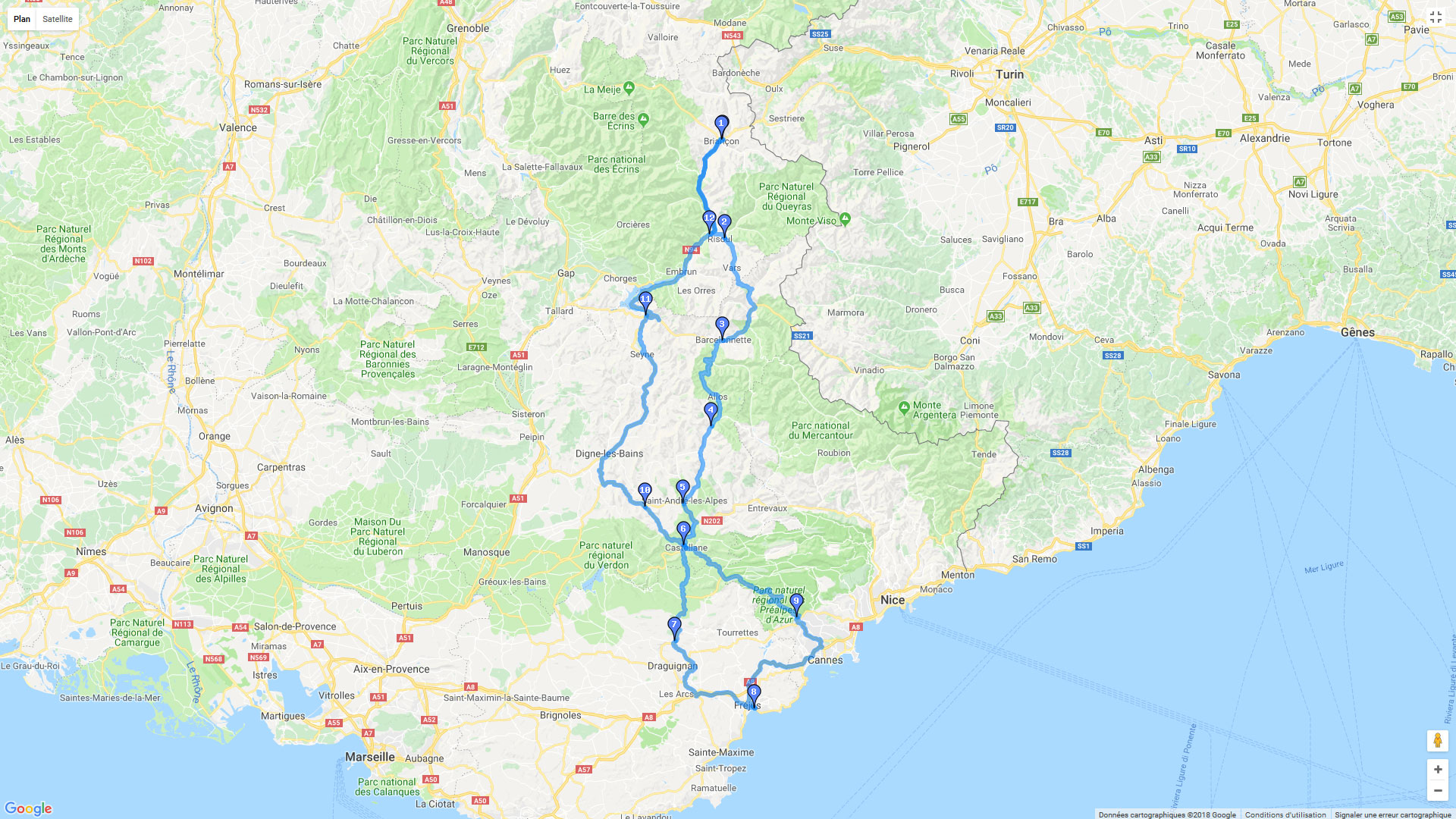 Pour zoomer sur la carte et avoir plus de détails, connectez-vous ! Carte roadbook Briançon - Saint Raphaël